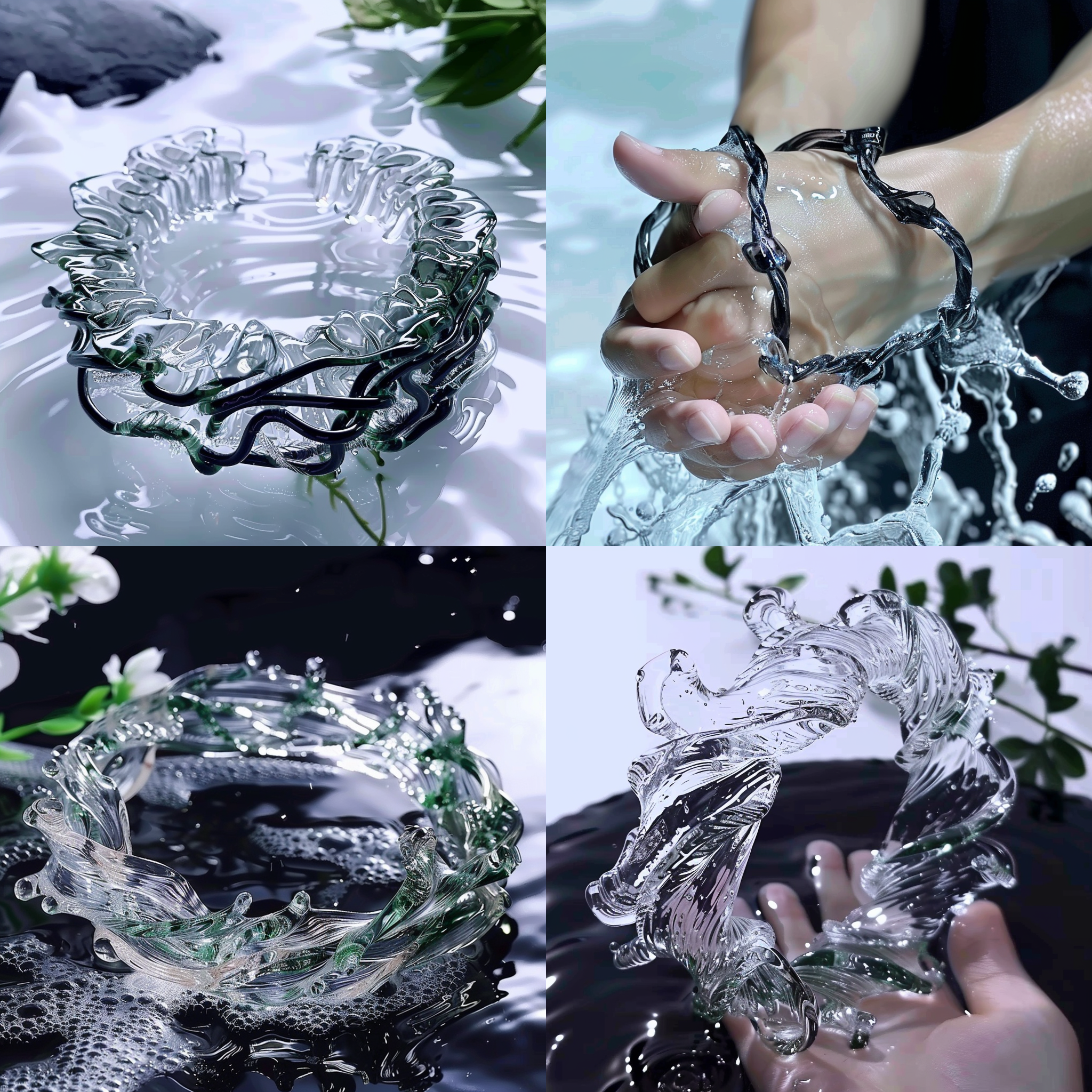 手环缠绕浪花，海洋保护主题，uv胶材质，黑色凌乱线条，水下摄影，自然光，微距镜头，冷色调，细节清晰，动感，环保意识。