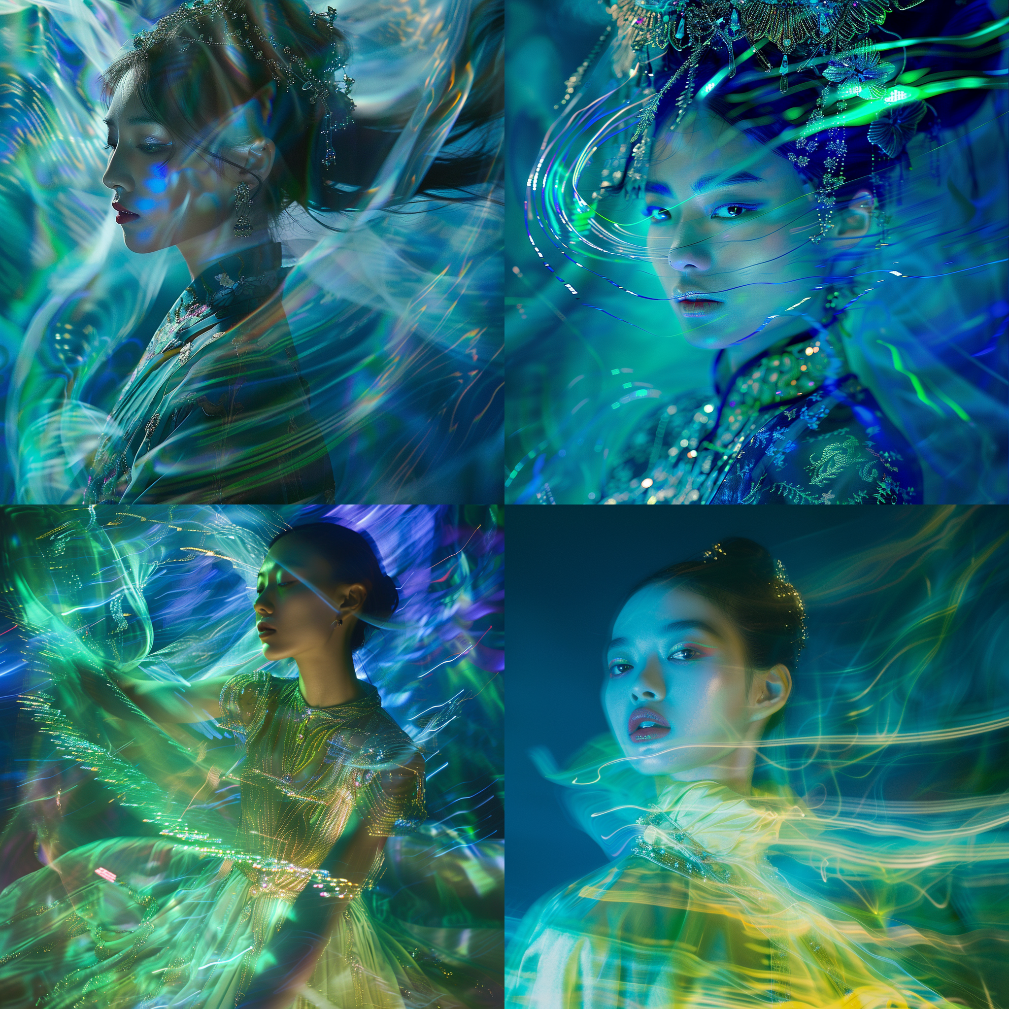 端午节现代美女，冷色调背景，东方元素装饰，未来科技感，长曝光技术，动态模糊效果，虚拟人形象，高光细节，流畅线条，神秘氛围，长裙飘逸，眼神深邃，金属质感饰品，蓝绿光影，静谧动作。