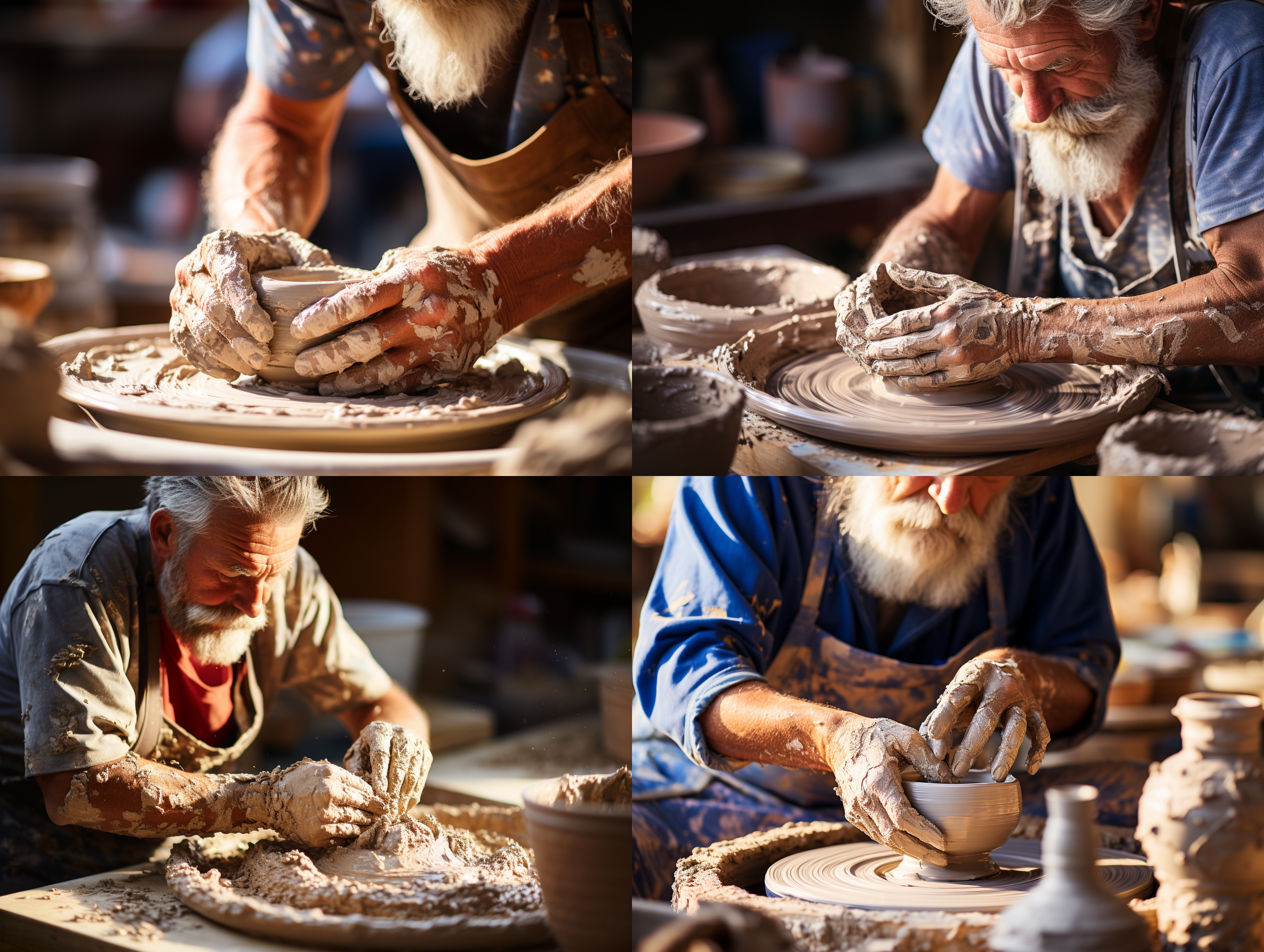 陶瓷工人在做陶罐的泥肧，专注表情，手部特写，自然光，工作室环境，素雅色调，微距镜头，柔和光线，慢速快门，精细动作，专注，传统工艺。