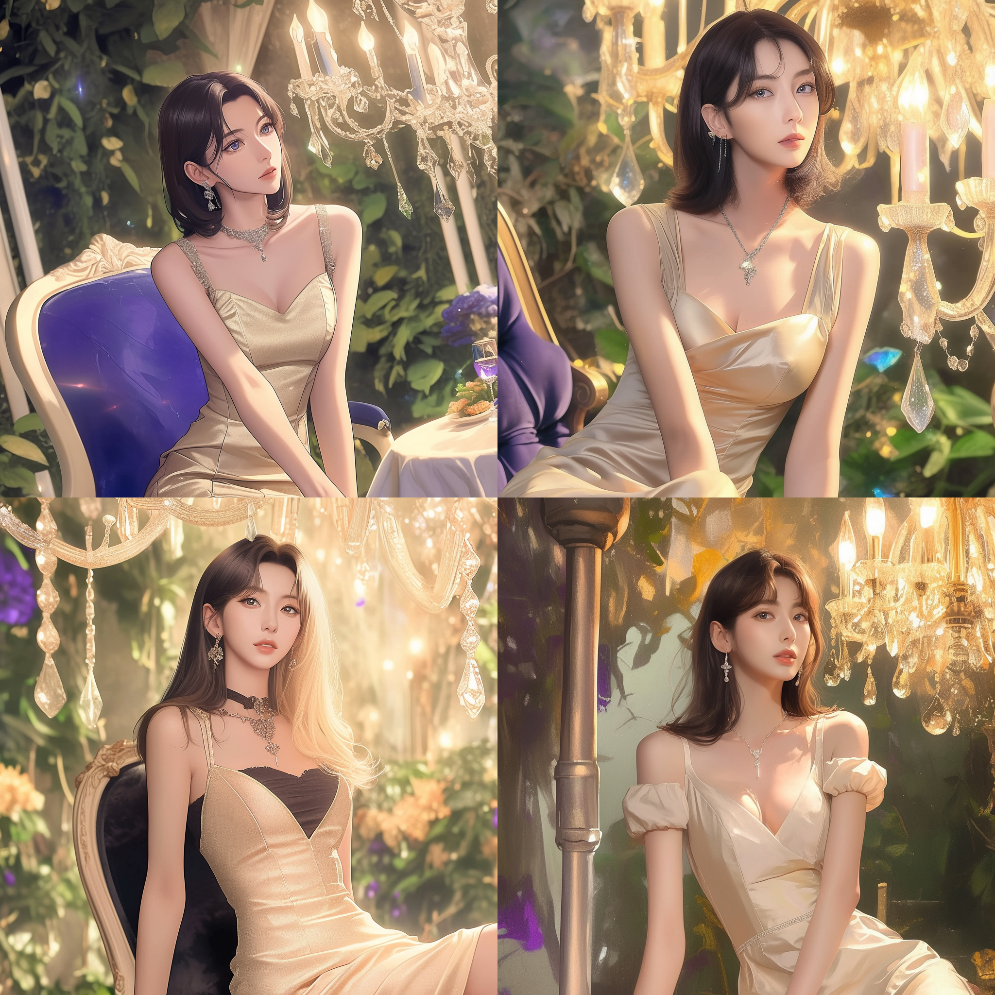 百富美，优雅女性，时尚晚宴，长裙礼服，自信微笑，水晶吊灯下，柔和光线，背景虚化，特写镜头，高光细节，冷暖色调对比，高贵气质。