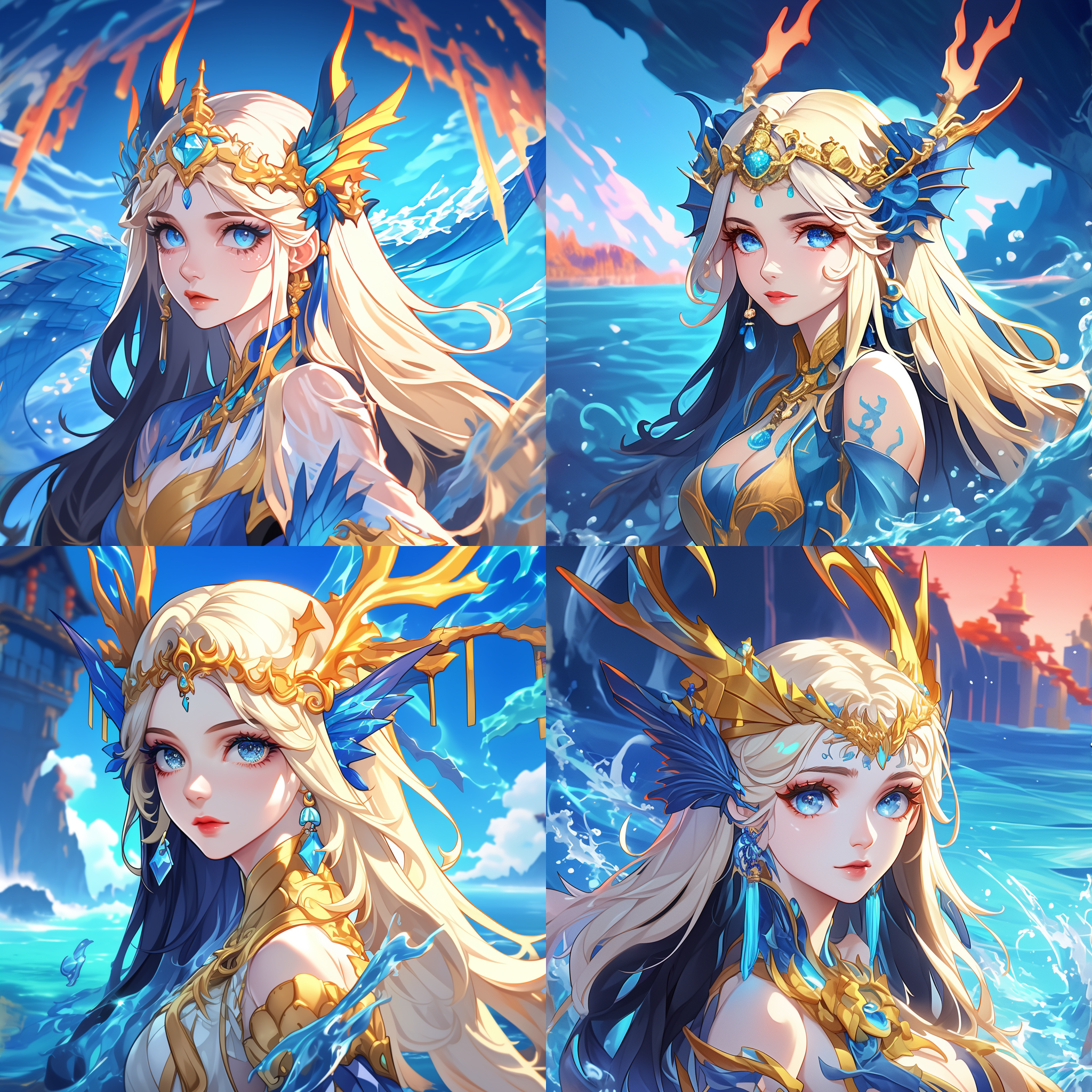 亚洲女性水元素，浪漫主义艺术风格，黄金国，发光脉络，风格化边框，高细节完美面容，美丽边框，水上乐园，人工智能公主，皇家宫廷，手机壁纸，女武神，美丽海洋，肌肤，海龙。