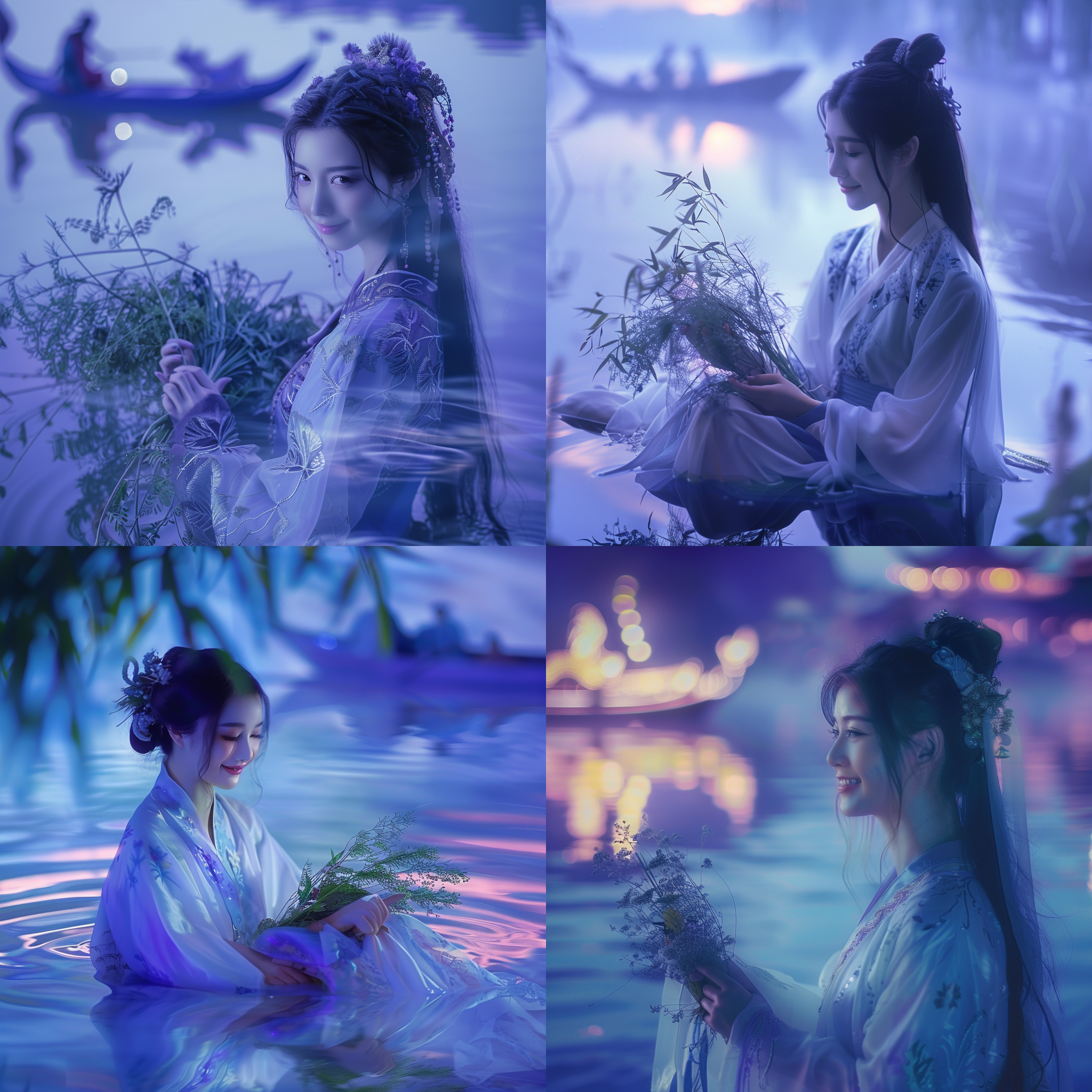 端午节美女，蓝紫色调，长曝光，动态模糊，神秘东方元素，美女身着汉服，手持艾草，面带微笑，背景有龙舟，水面反射，侧光，柔和阴影，梦幻氛围。