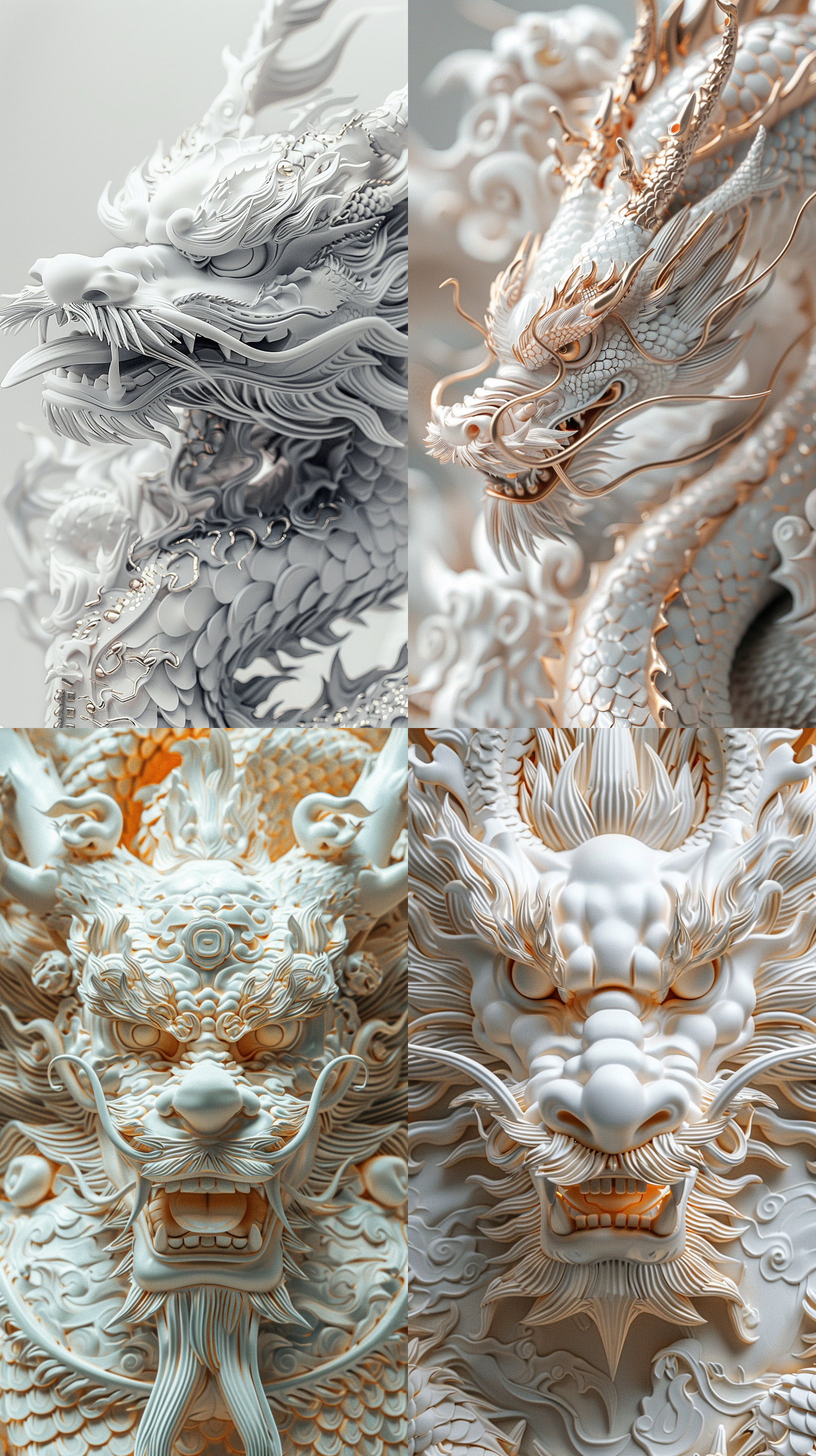 中国美学，龙纹图案，纯白背景，精致工艺，金属质感，高光，丰富细节，对称构图，传统与现代结合，静态美，文化象征，微距镜头，柔和光线，冷色调，沉稳，历史感。