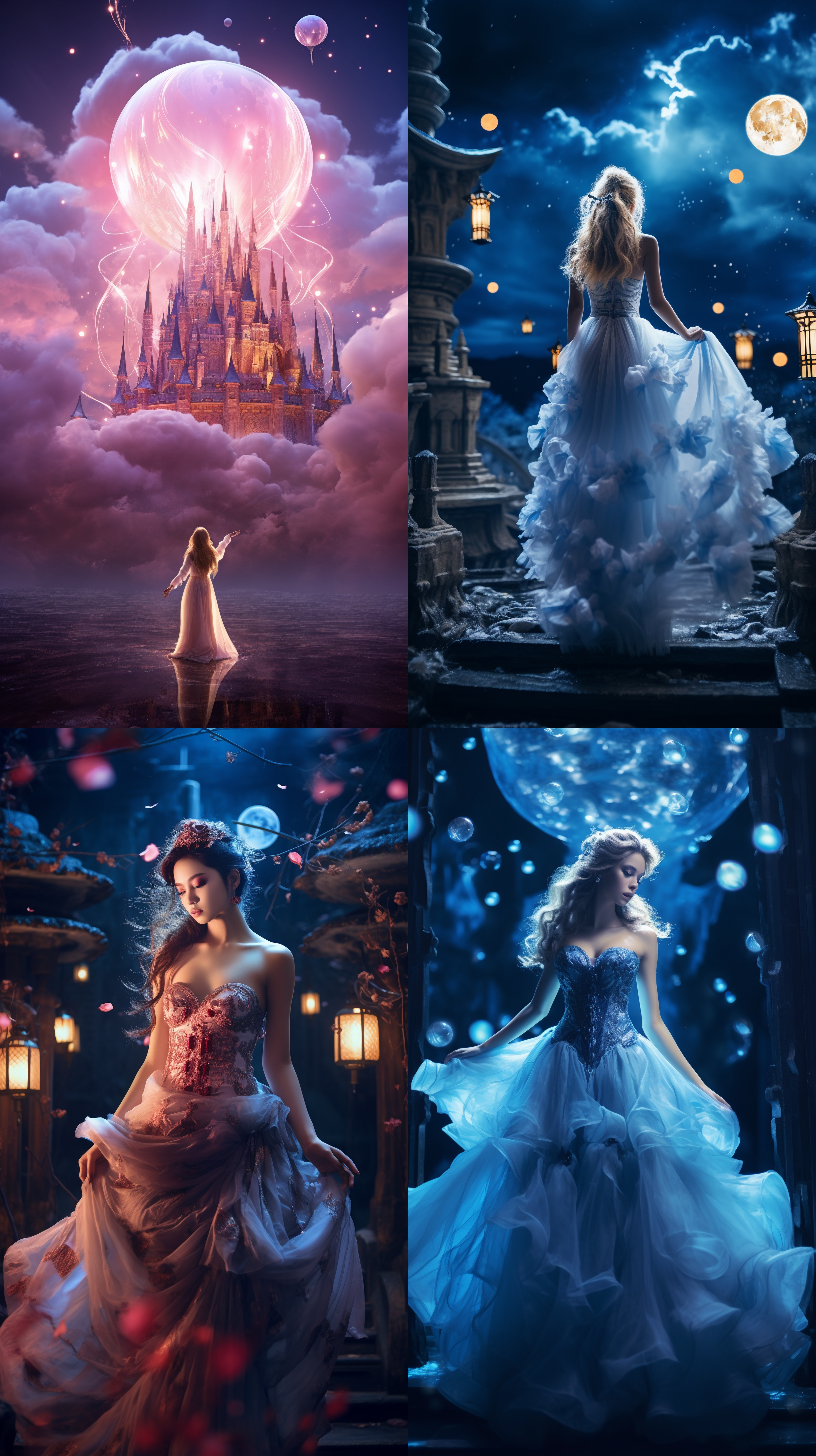 广寒宫, 嫦娥仙子, 精致的妆容, 天宫, 天灯, 夜景, 仙境风格, 冷色调, 光照强度中等