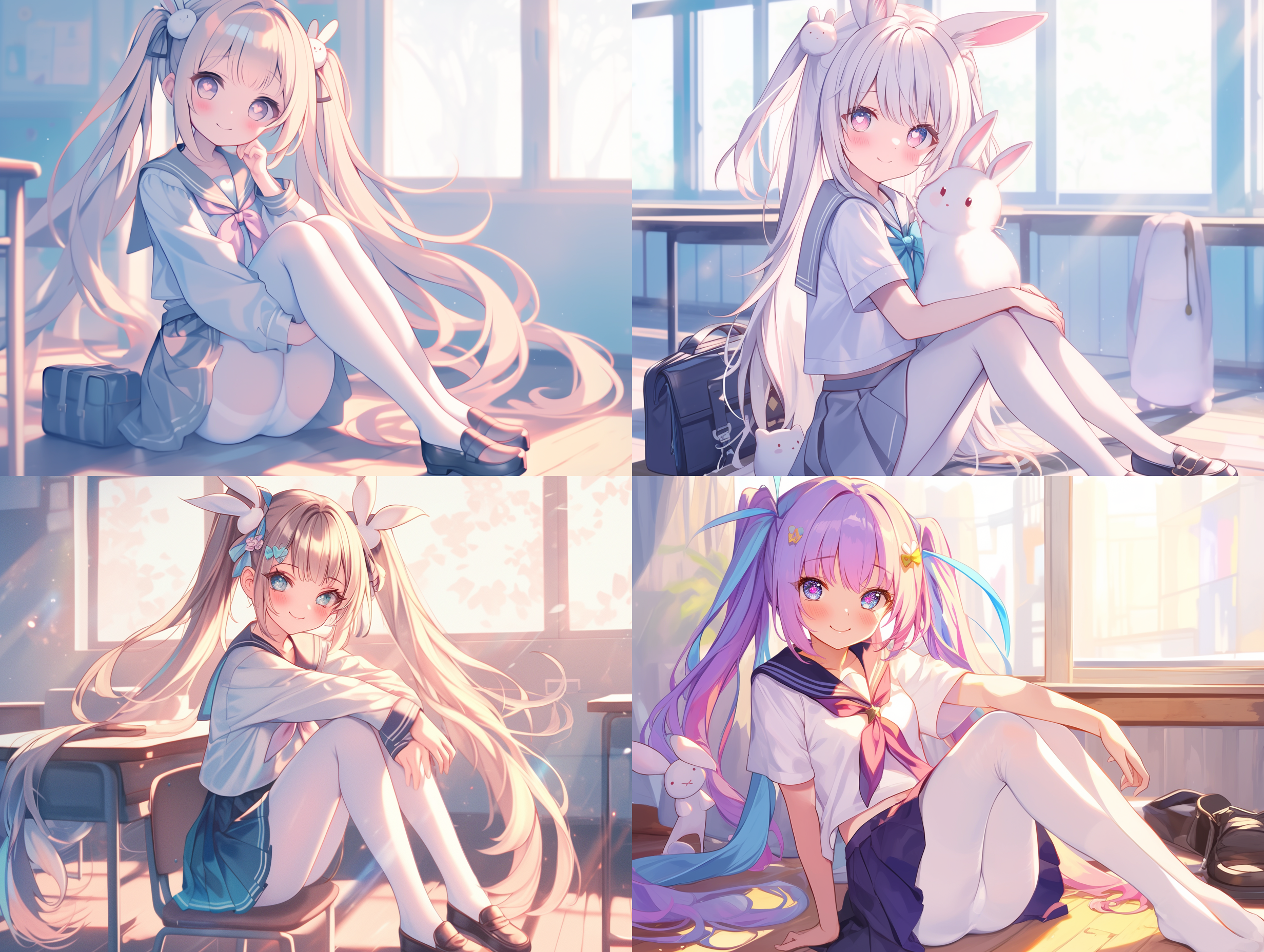 学生，金蓝灰粉多彩渐变长发，刘海，双马尾，兔耳发饰，可爱脸庞，淡淡腮红，心形瞳孔，水手服，白色连裤袜，室内鞋，猫姿态，大小姐气质，高分辨率，自然光，柔和色调，全身照，微笑表情，优雅动作。