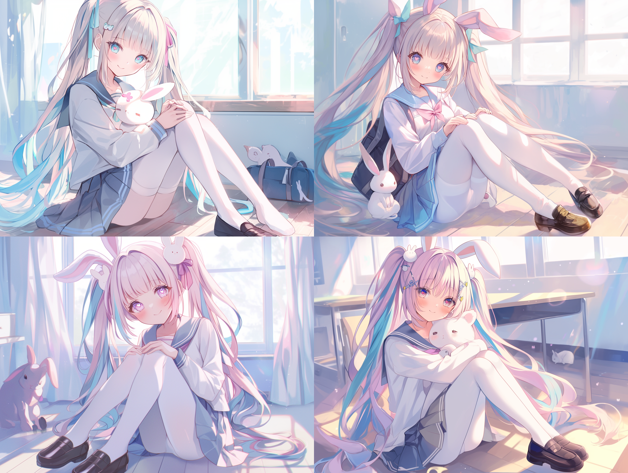 学生，金蓝灰粉多彩渐变长发，刘海，双马尾，兔耳发饰，可爱脸庞，淡淡腮红，心形瞳孔，水手服，白色连裤袜，室内鞋，猫姿态，大小姐气质，高分辨率，自然光，柔和色调，全身照，微笑表情，优雅动作。