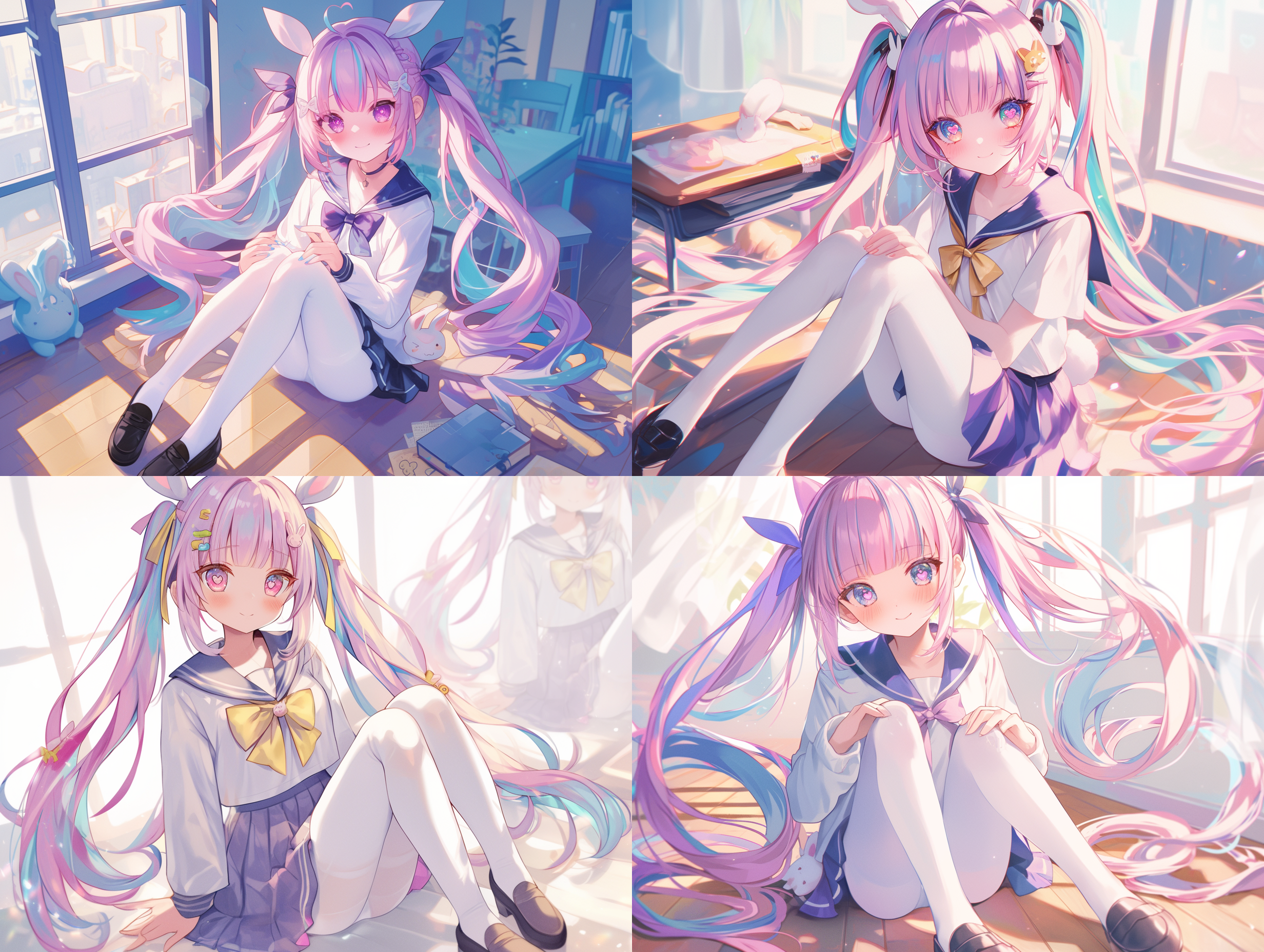 学生，金蓝灰粉多彩渐变长发，刘海，双马尾，兔耳发饰，可爱脸庞，淡淡腮红，心形瞳孔，水手服，白色连裤袜，室内鞋，猫姿态，大小姐气质，高分辨率，自然光，柔和色调，全身照，微笑表情，优雅动作。