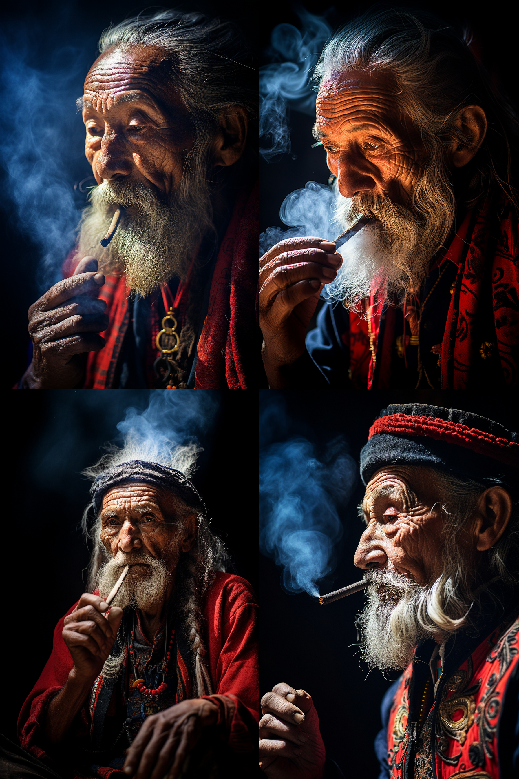 抽烟的老人，侧面逆光，白胡须，民族服装，蓝色与红色，暗调，长对比，细节丰富，环境昏暗，烟雾缭绕，沉思表情，传统服饰纹理，光影对比强烈，人文摄影。