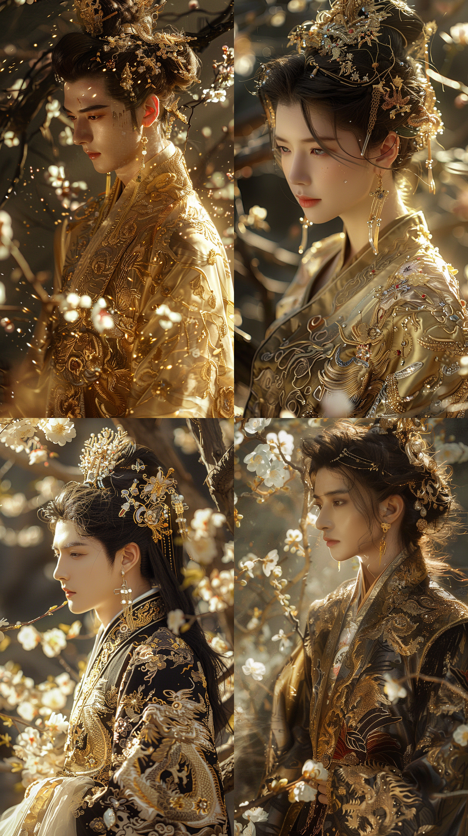 满族, 帝王, 龙袍, 金线刺绣, 盛开的花朵, 古树, 熠熠生辉, 威严神情, 冷静, 鳞片, 爪子, 阳光下, 金光闪闪, 细节展示, 冷静, 古树环绕, 阳光照耀, 华丽光影, 明亮色调