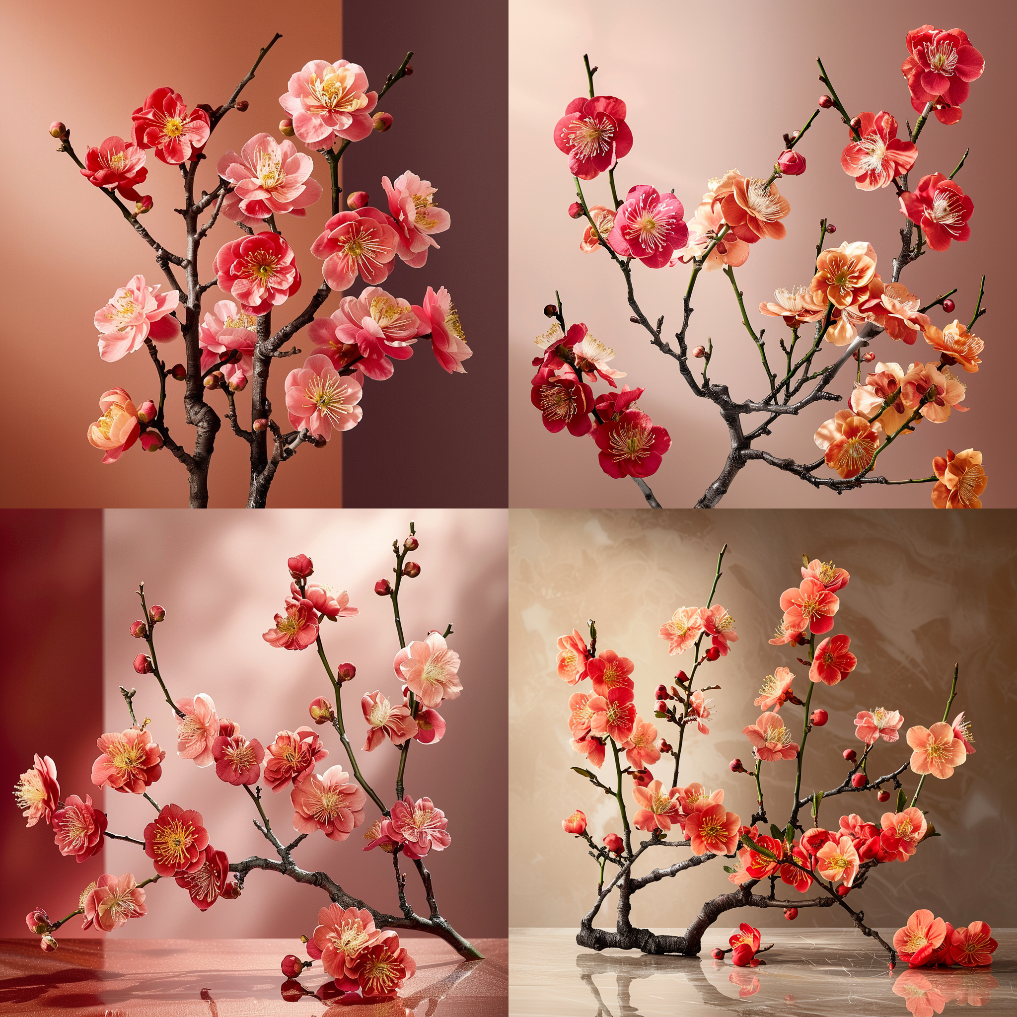 红色梅花替换左侧花朵，画面中央构图，自然光，柔和色调，近景特写，微距镜头，静态，细腻纹理，温馨，宁静。