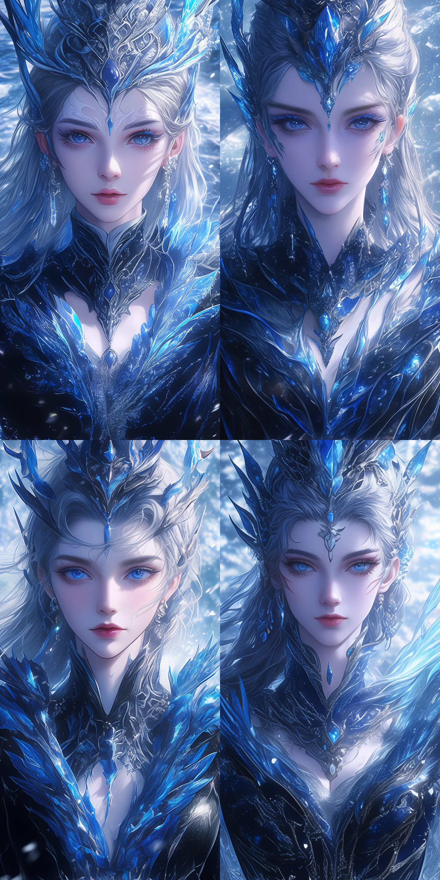 动漫cg艺术，皇室女性，精致面容红唇，网红脸，神秘女武神，奇幻4k，黄光剑风格，海之女王，湿婆，花城，细腻肌肤质感，深邃眼神，华丽头饰，海洋背景，动态水波，冷暖色调对比，高光细节，柔光效果，神秘氛围。