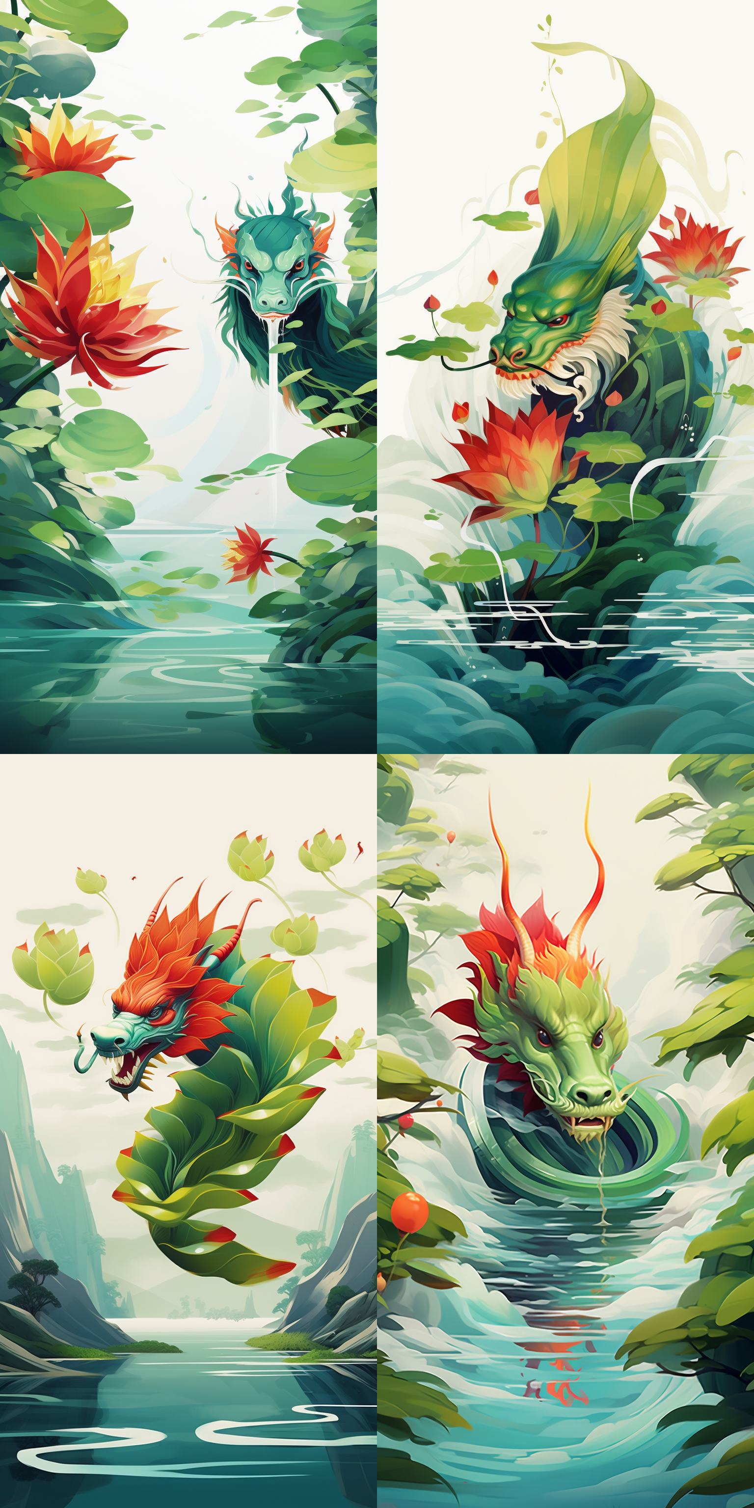 龙舟上游，荷叶粽子点缀四周，手绘插画风，色彩艳丽，红绿相配，四周留白，构图简洁简练，传统元素穿插，8k分辨率，文化象征，欢快气息。