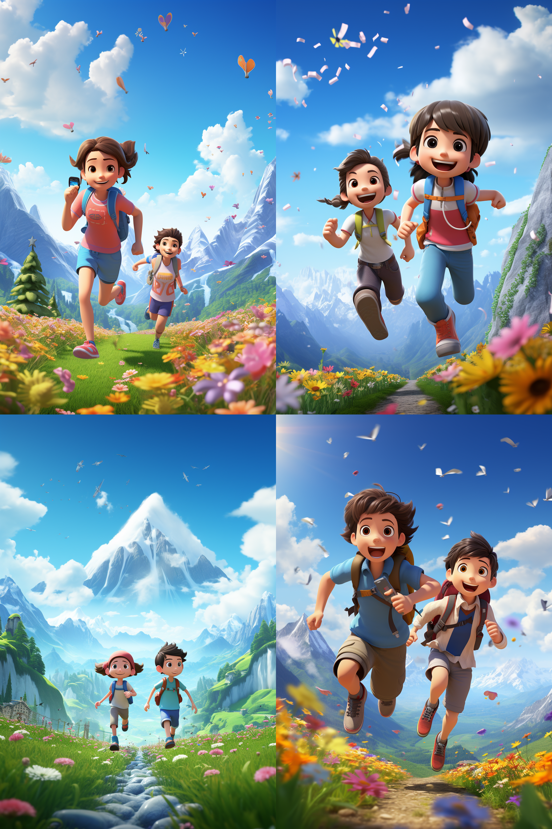 3d卡通游戏场景，蓝天白云山林树木背景，近景小花小草，小男孩小女孩快乐奔跑，身上挂水壶，年轻男女背旅行包拖箱跟随，气氛欢乐，夸张形状色彩，干净背景，皮克斯动画风格，高分辨率，动态捕捉，鲜艳色彩，活泼生动表情，高分辨率