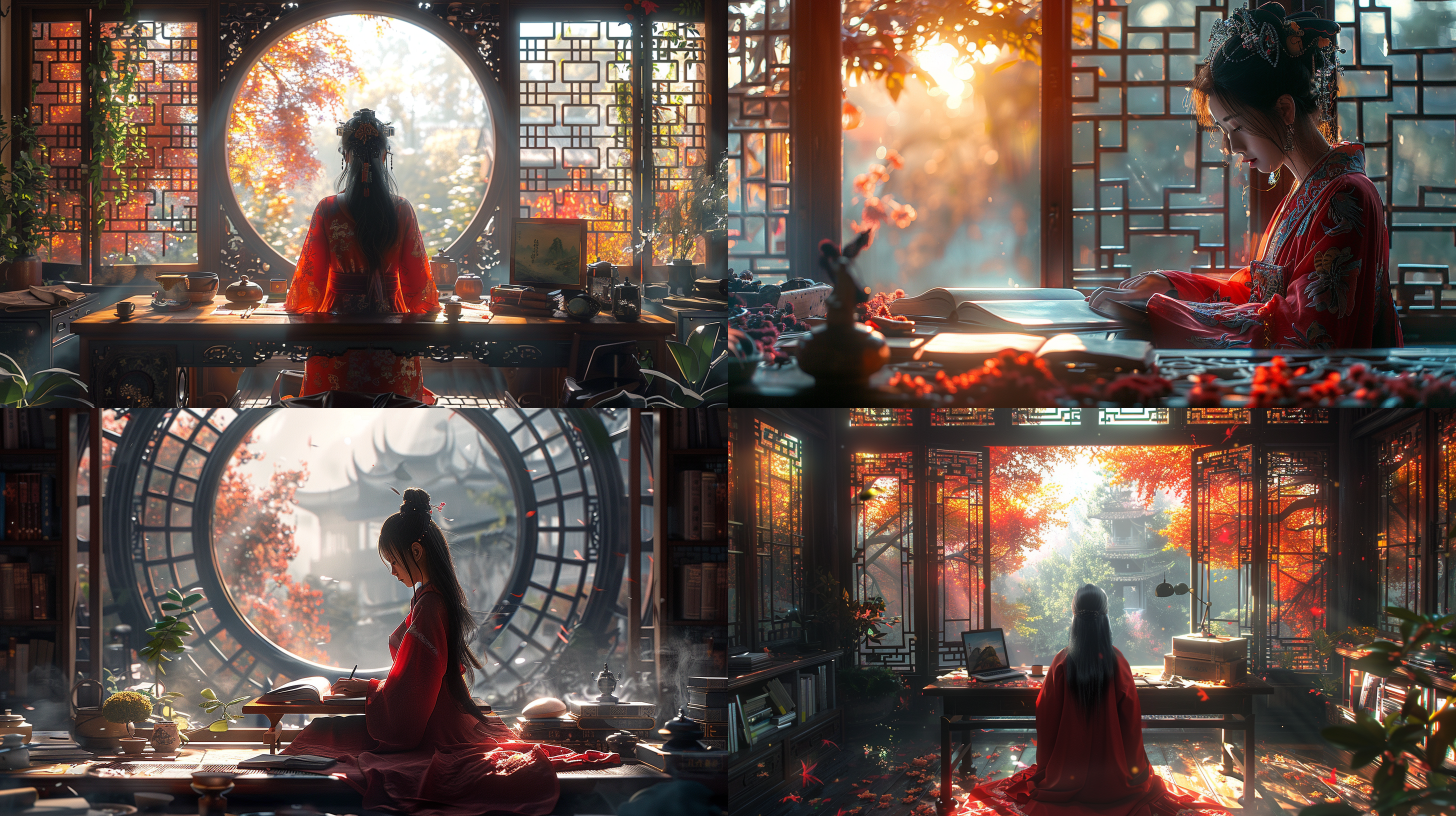 中式室内布局，花格窗，园林背景，红色女孩，书桌，画，中国画，逆光，中长焦，光线通透，细节丰富，静谧氛围，柔和光线，细节清晰，色彩饱和，人物专注。