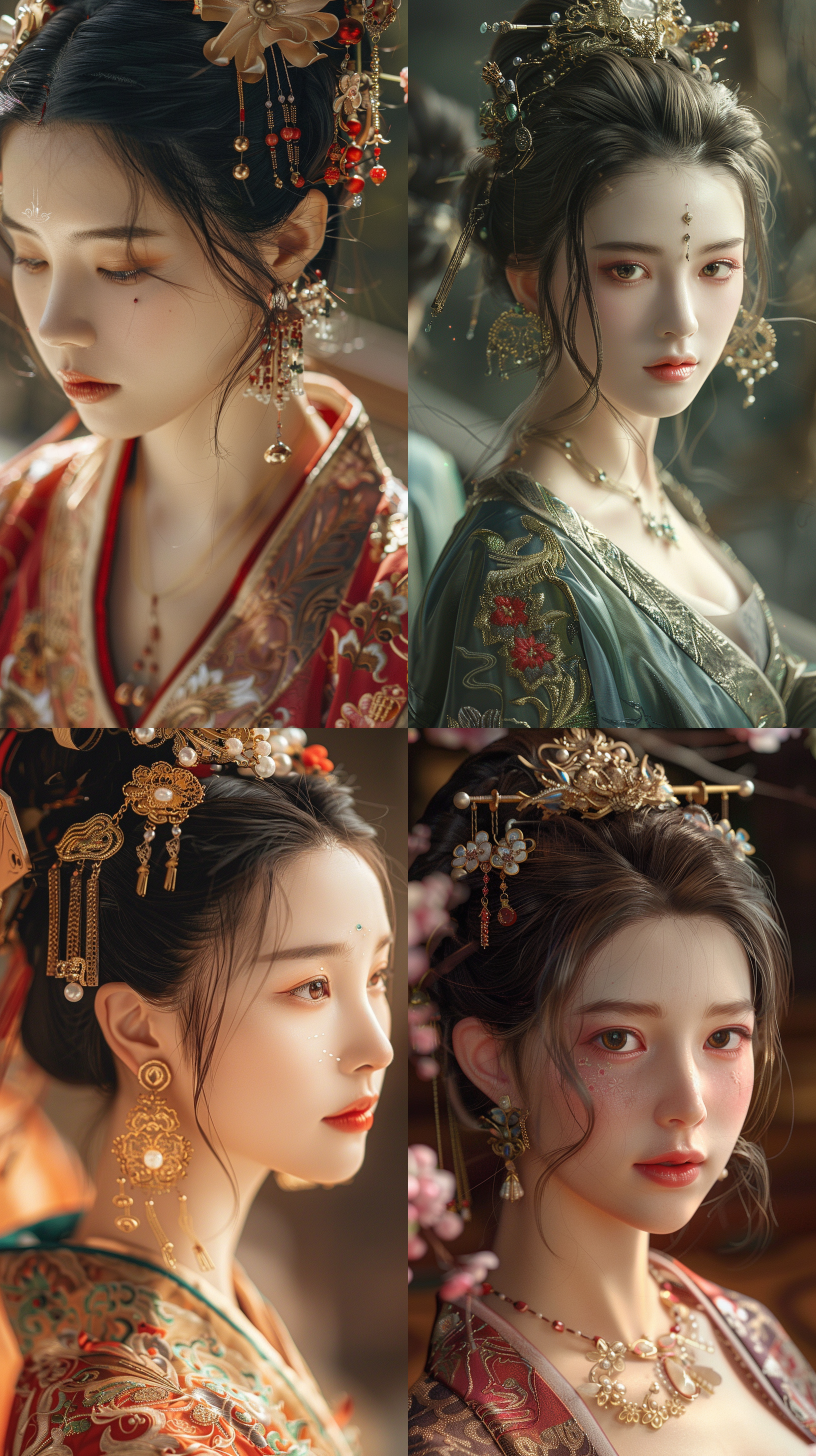 元朝, 千金大小姐, 端庄, 高雅气质, 高清细节, 精致的妆容, 室外, 御花园, 赏花, 侍女, 仰视角度, 高光照强度