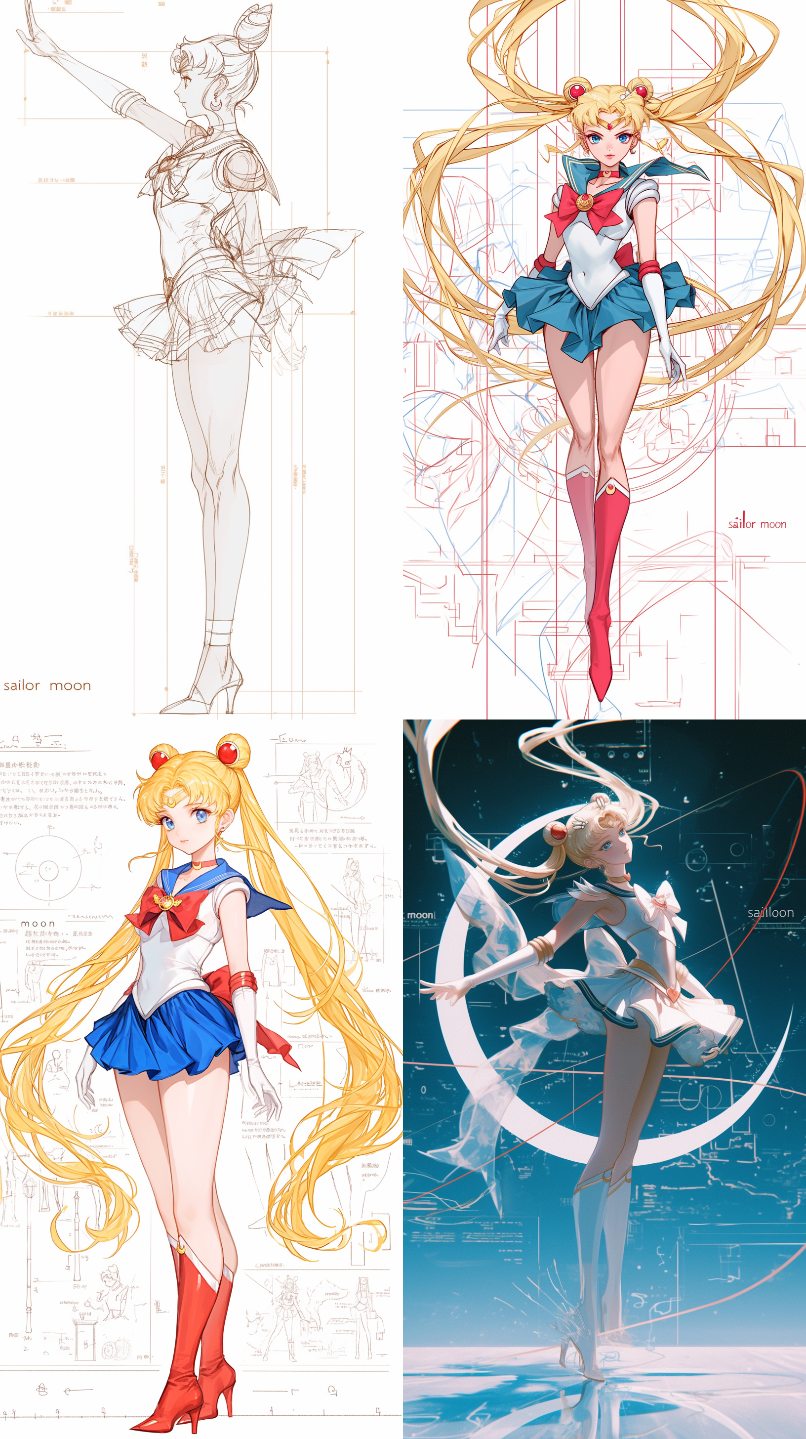 to create a design draft for tsukino usagi as sailor moon in “sailor moon”, we will start with a white background sketch. this line diagram will outline the iconic sailor moon character features and proportions of the moon hare as the basis for the design. martial arts movements, dynamic postures. then, the 3d display effect enhances the depth and realism of the depiction, allowing the audience to appreciate the unique features and unforgettable presence of sailor moon. the dimensions of the sketch will be clearly marked to ensure accuracy and precision. once the lines are drawn, we will use vibrant white, red, gold, and blue color schemes to add some colors to the character's body locally, consistent with sailor moon's iconic appearance.