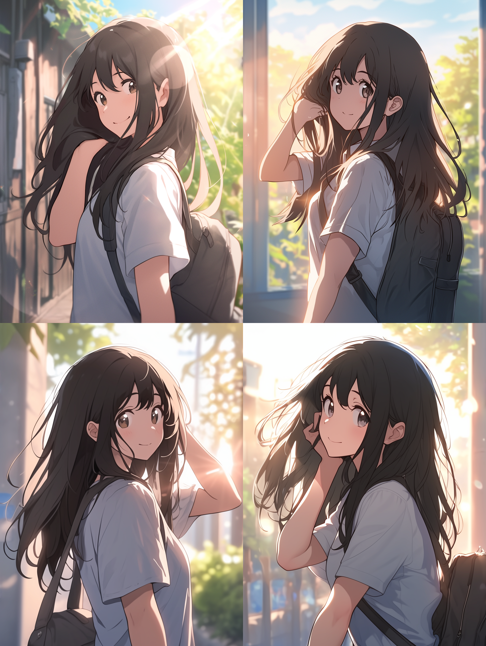 吉卜力风格，近景特写，全身像，自然光，柔和色调，长焦镜头，自然环境，阳光明媚，镜头光晕，女生正面，长发飘逸，梳理头发，微笑，温馨，宁静。