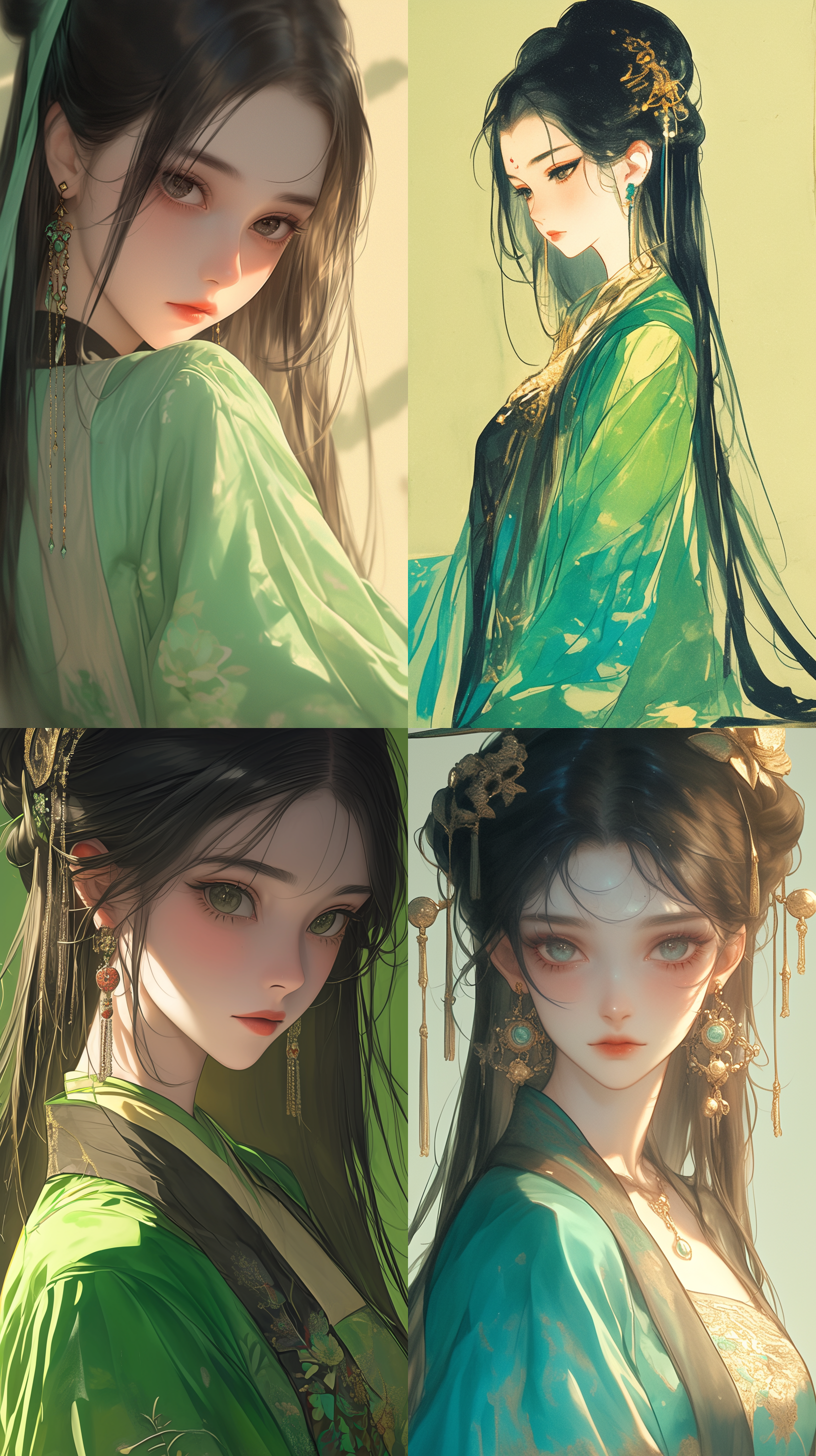 工笔画女孩，黑色长发，绿色汉服，珠宝纠结，圆脸，极简主义，几何形状，哑光浅绿背景，新流行插图风格，动画gif，dolly kei，卡通人物，特写头部，粗体卡通石版画，看镜头，细腻线条，柔和光线，静态美。