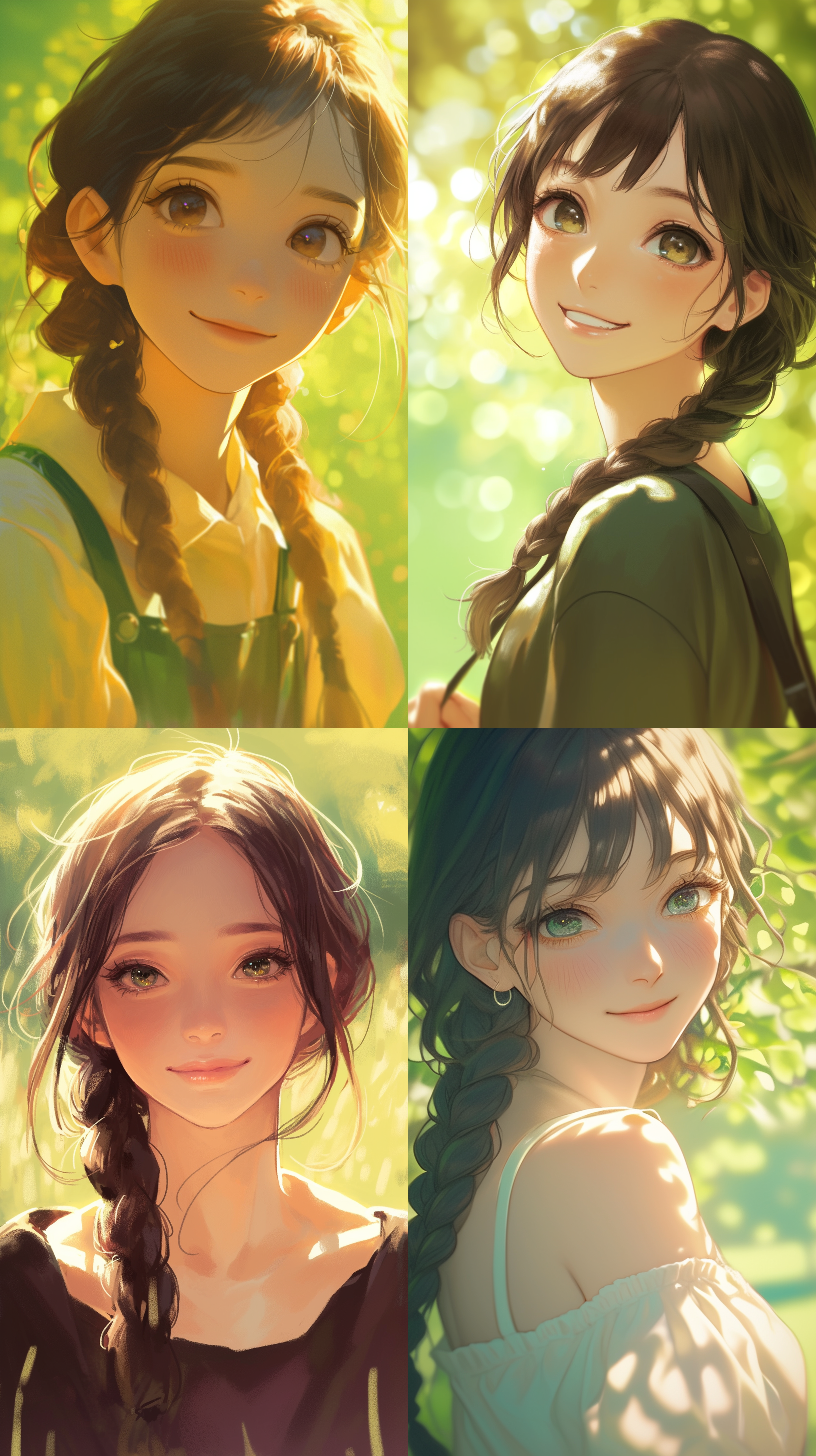 黑色头发，皮肤白皙，扎着辫子的女孩，自然光，柔和光线，特写镜头，微笑，清新，自然环境，绿色背景，浅景深，温暖色调，纯真。