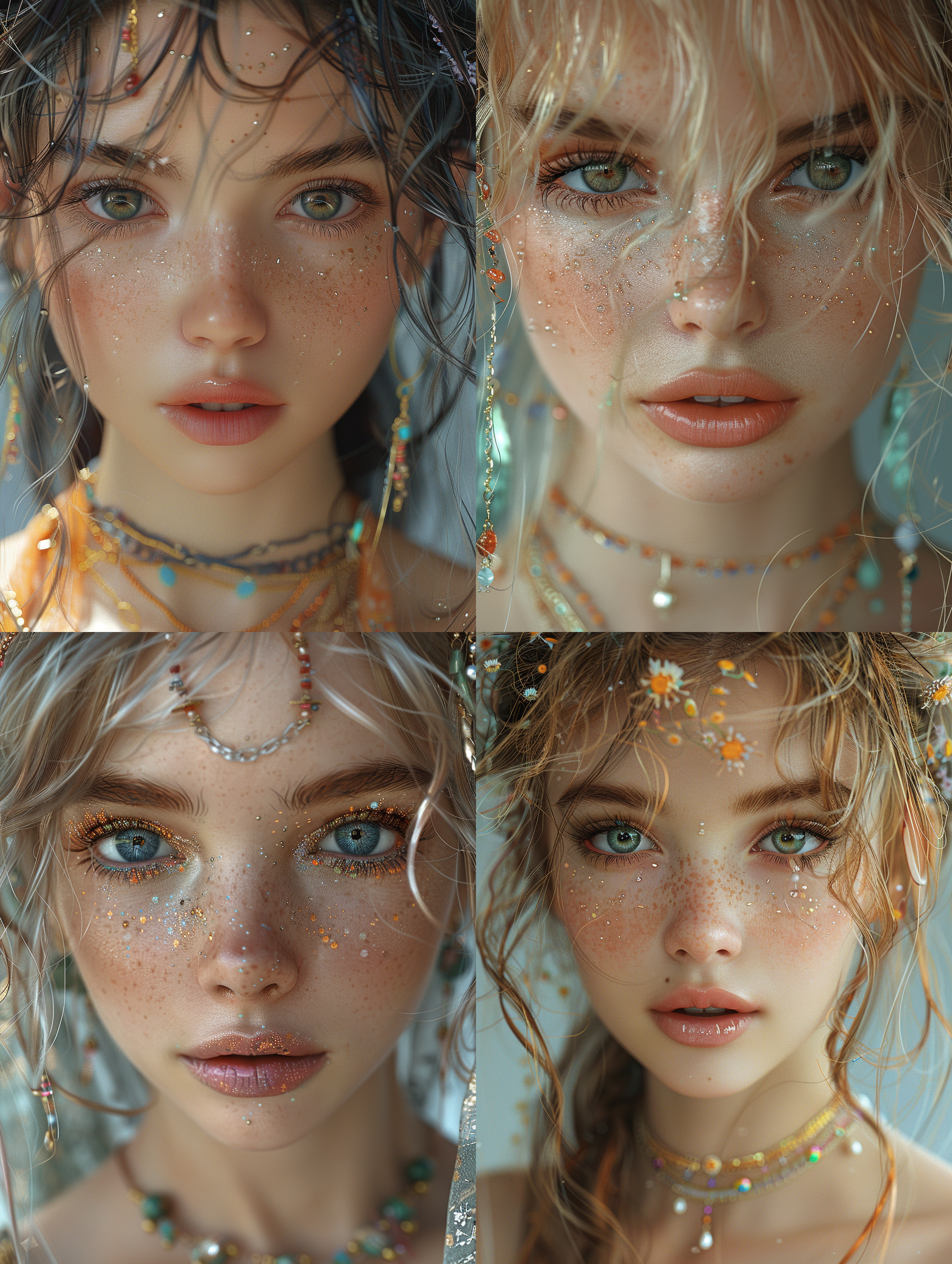 女孩佩戴多彩珠宝，眼神明亮，超现实流行风格，妖精哥特，闪耀孩童，玩偶系，细节精致，光线明亮，色调淡雅，3:4比例，细节丰富，神秘氛围，柔和光线，生动表情。