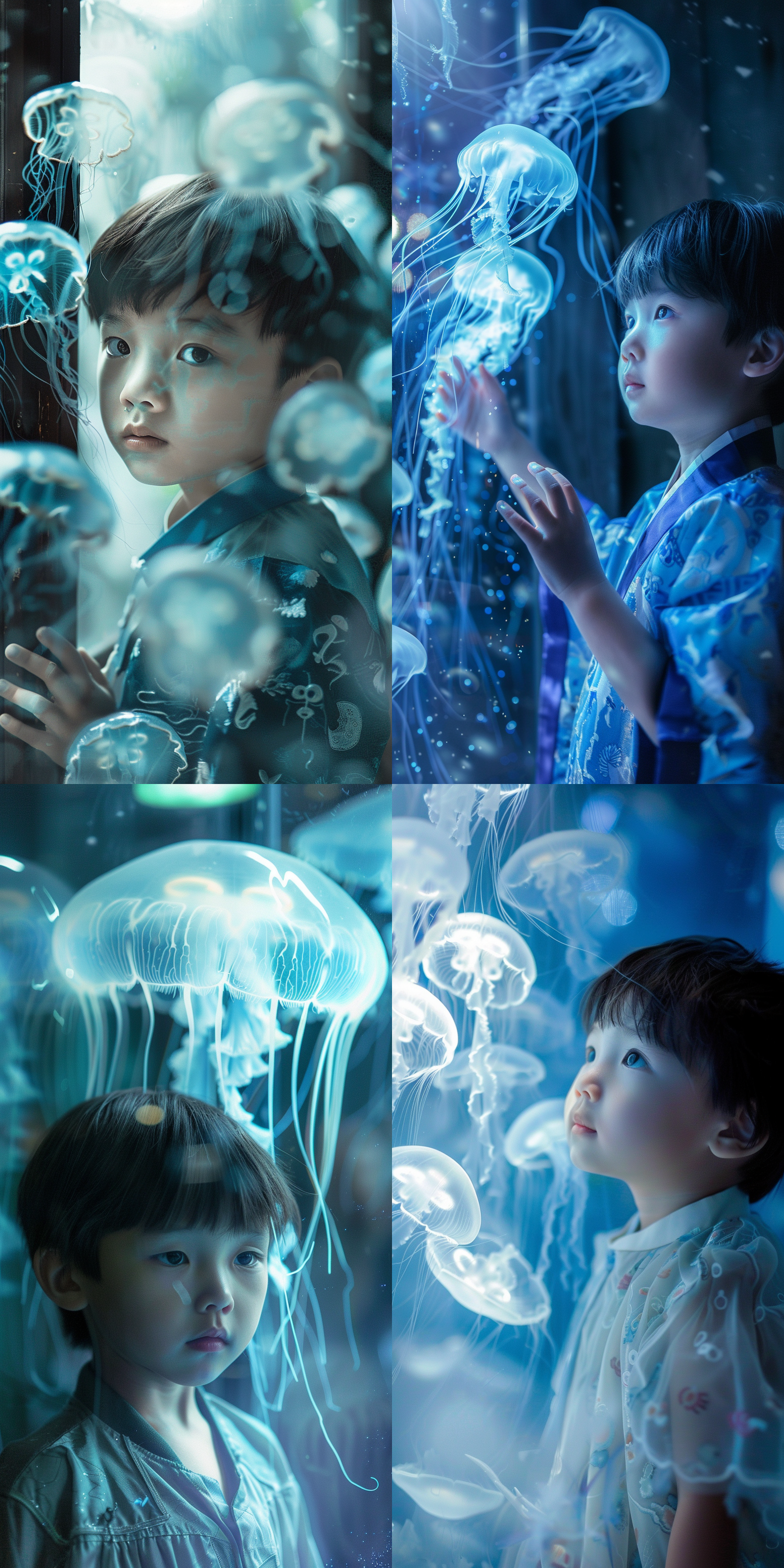 translucent glowing jellyfish, boy staring at the window, chinese costume, marine animal, young adorable korean face, looking directly at the viewer, high quality fantasy stock photo, the coming ai singularity, unborn soul, like in museum, pale bluish skin, for kids, photo of, lightbox