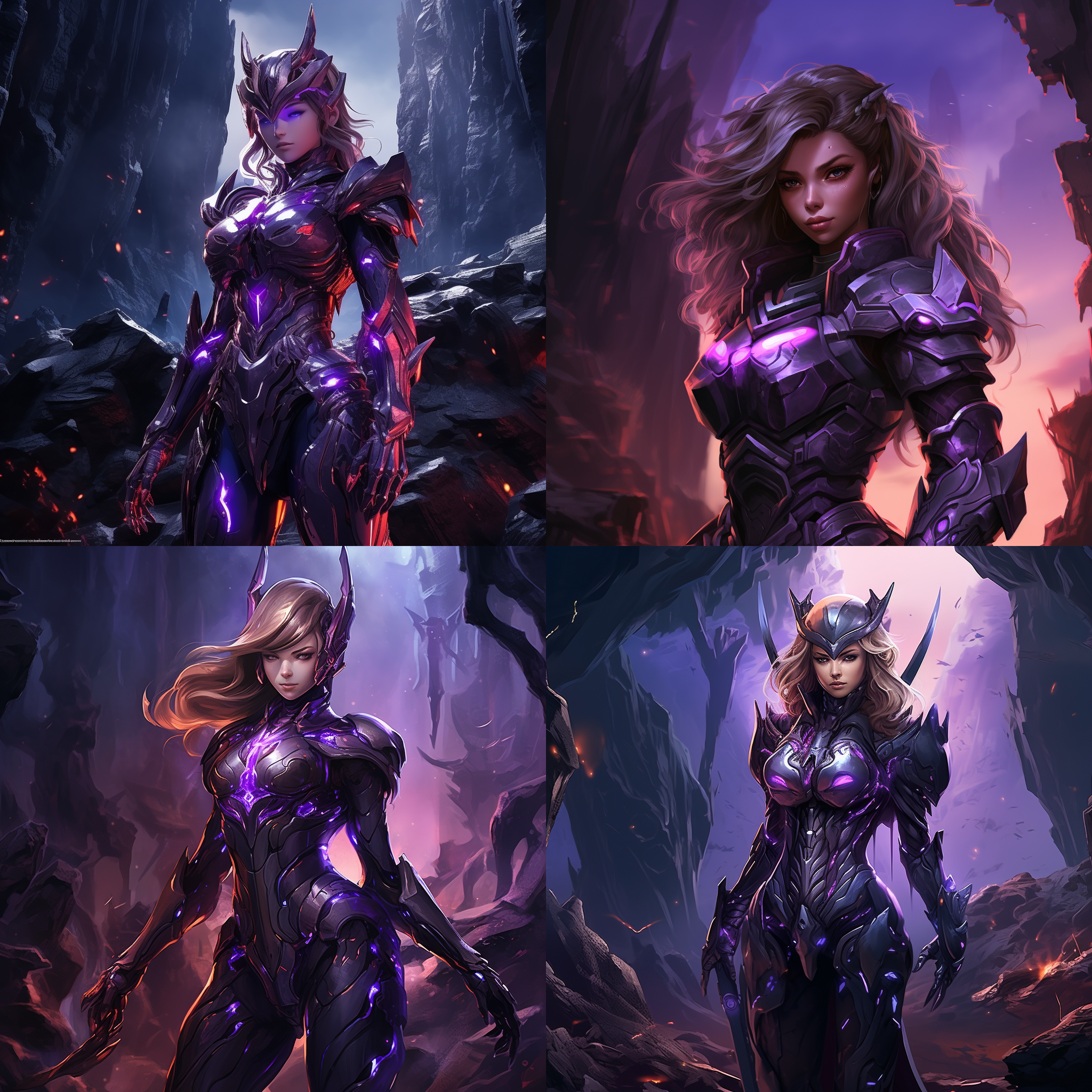 紫甲少女，全身像，熔岩洞穴背景，精致面容，紫甲与服饰细节丰富，cg unity 8k壁纸级画质，高分辨率，手臂环绕颈部，独照，机甲风格，面部表情细腻，眼神深邃，紫色调为主，光线从侧面照射，营造神秘氛围。,紫甲,全身像,熔岩洞穴,精致面容,cg unity 8k,高分辨率,手臂环绕颈部,独照,机甲风格,紫色调,侧面光,神秘氛围。