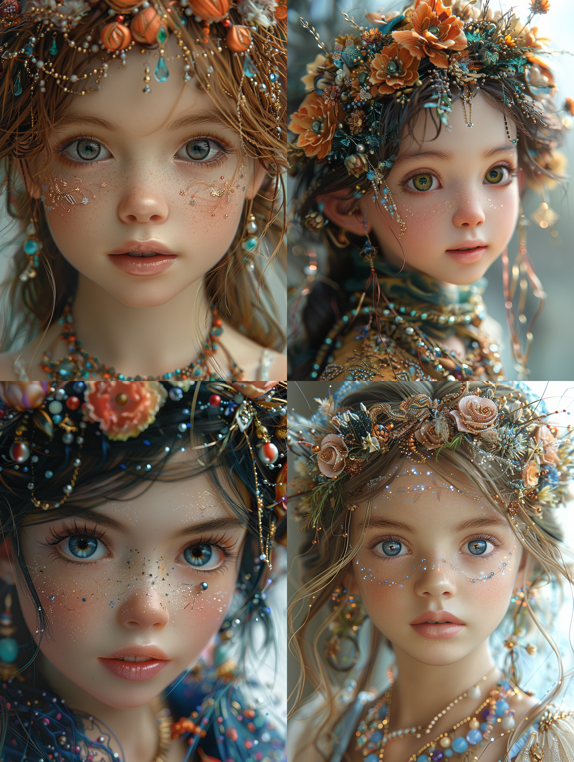 小女孩佩戴五彩珠宝，大眼睛闪烁，超现实流行风格，妖精风，光亮孩童，玩偶系，细节精致，光线明亮，色调淡雅，3:4比例，风格化1000，niji 6渲染。