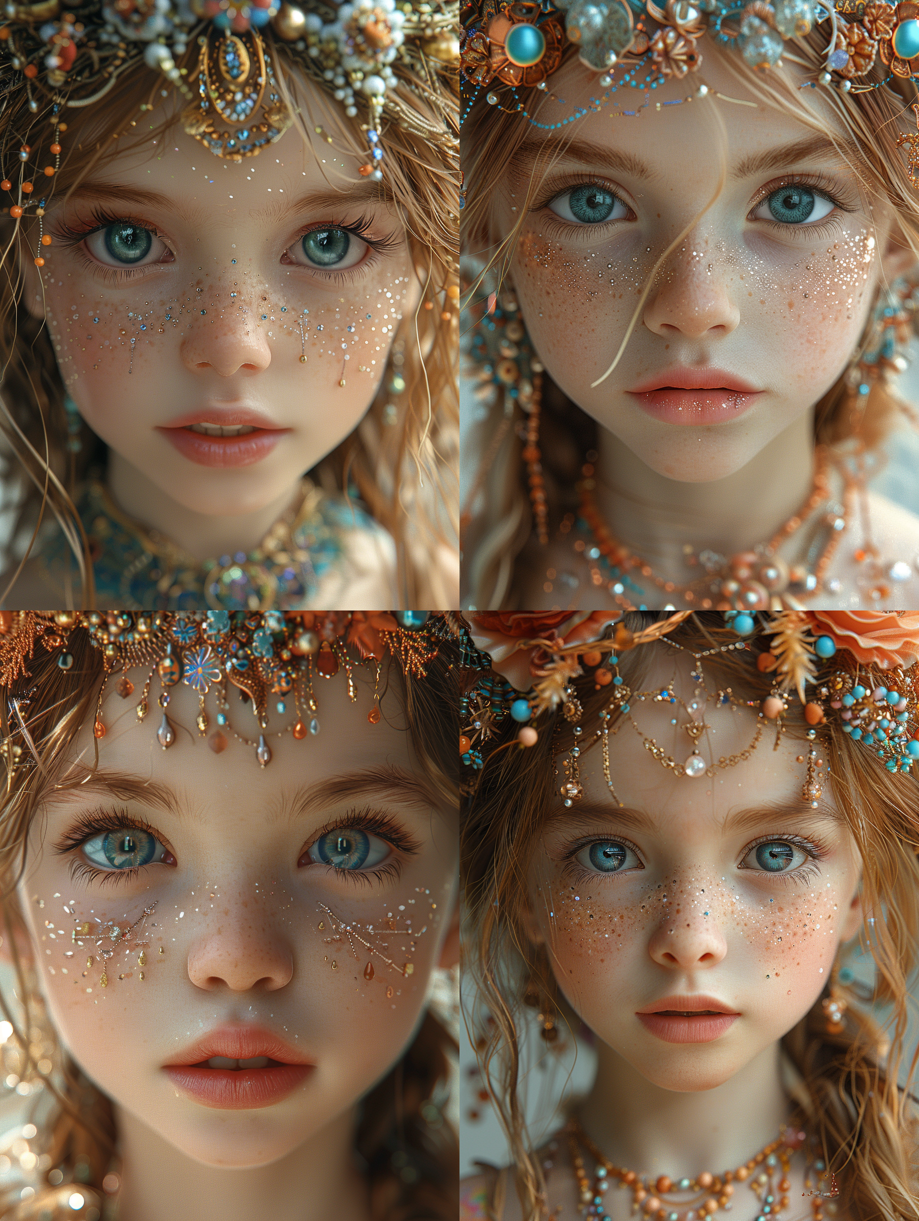 小女孩佩戴五彩珠宝，大眼睛闪烁，超现实流行风格，妖精风，光亮孩童，玩偶系，细节精致，光线明亮，色调淡雅，3:4比例，风格化1000，niji 6渲染。