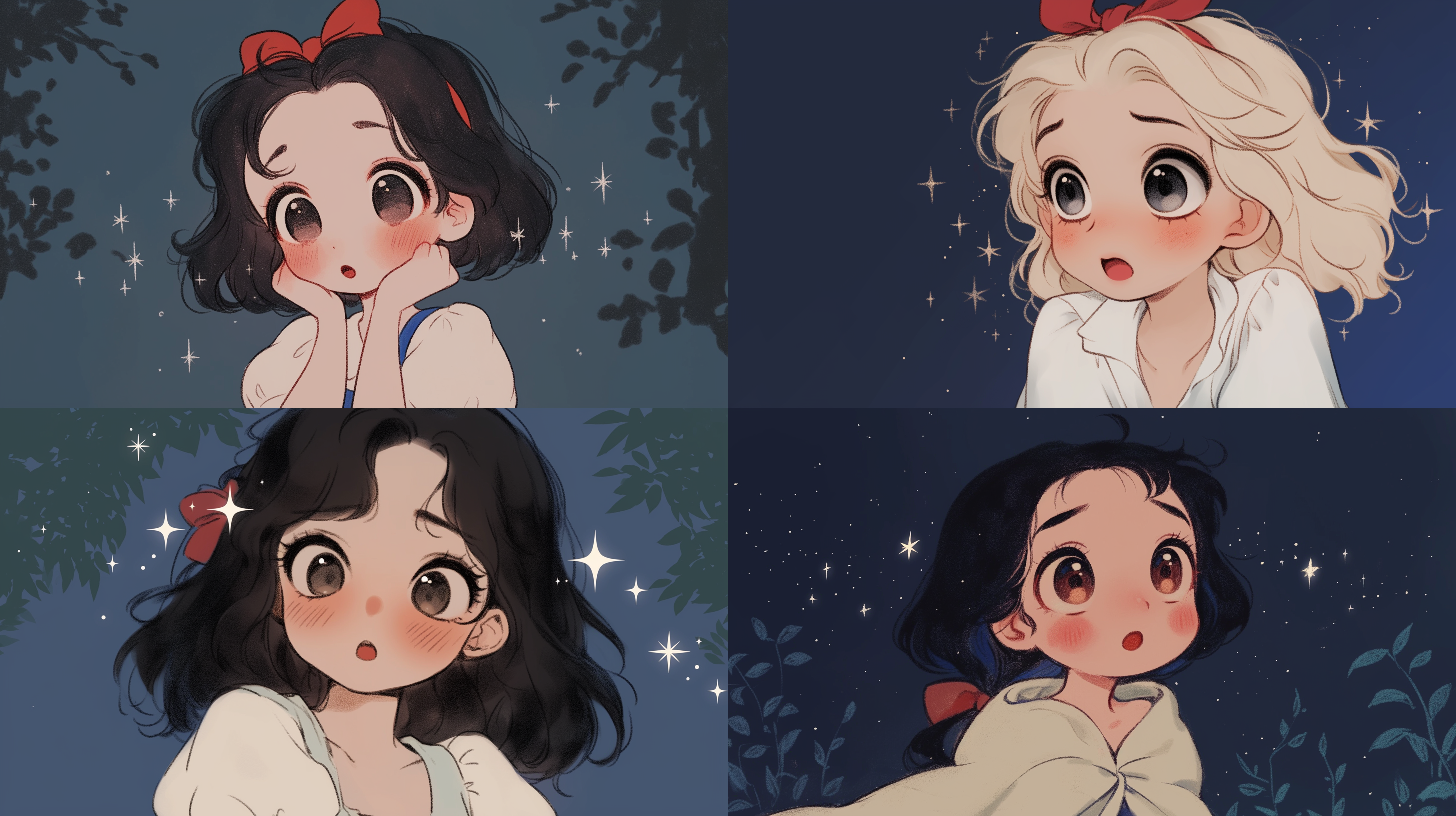 小女孩特写，惊讶表情，星光森林背景，迪士尼风格，暖色调，大光圈，低角度，柔光，梦幻，神秘。