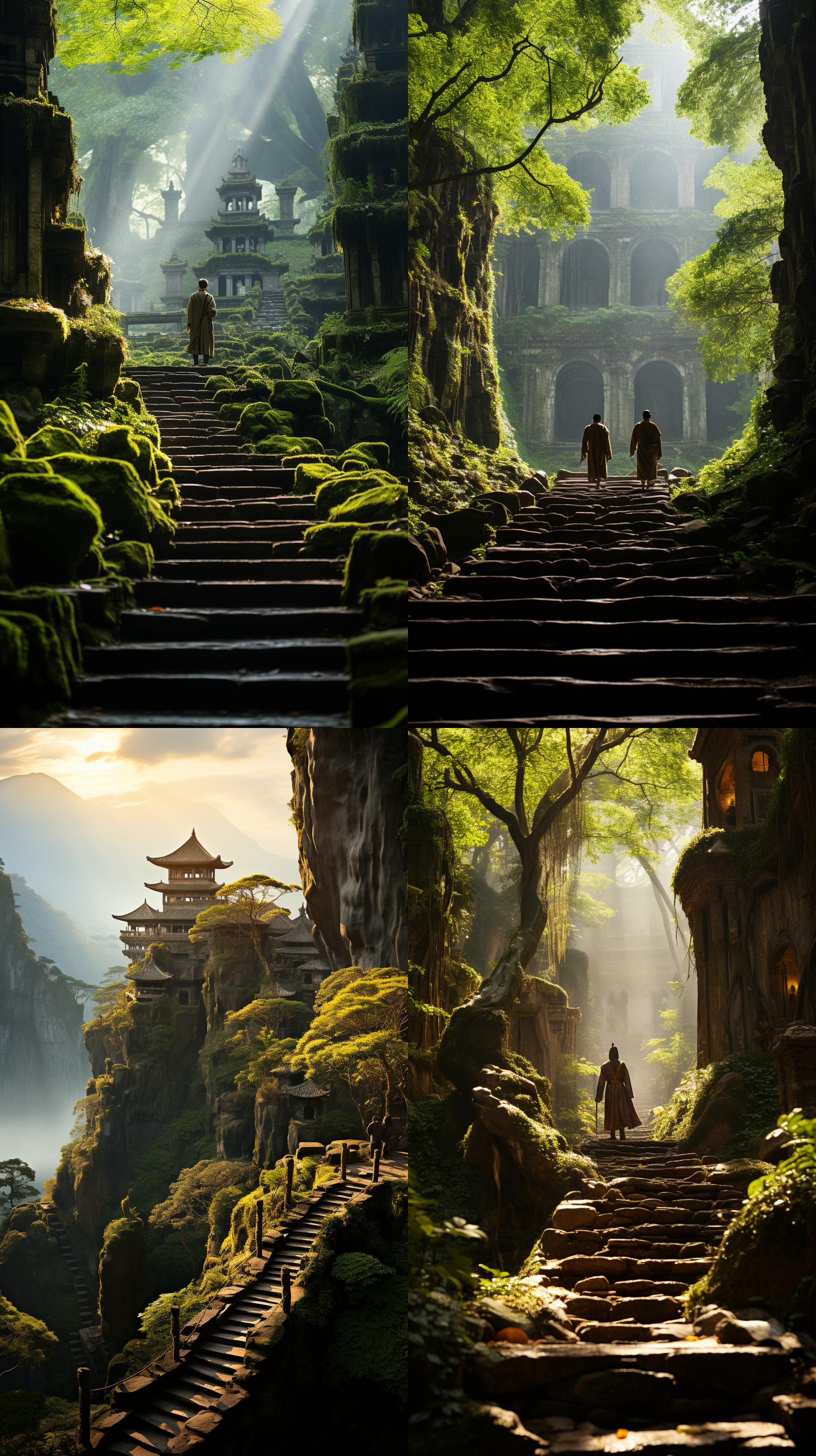 山林间古庙，石阶蜿蜒向上，翠林环绕，春季景象，黄色僧袍和尚缓步前行，中长焦镜头捕捉，逆光效果，中长调对比，细腻质感，高画质表现，宁静祥和。