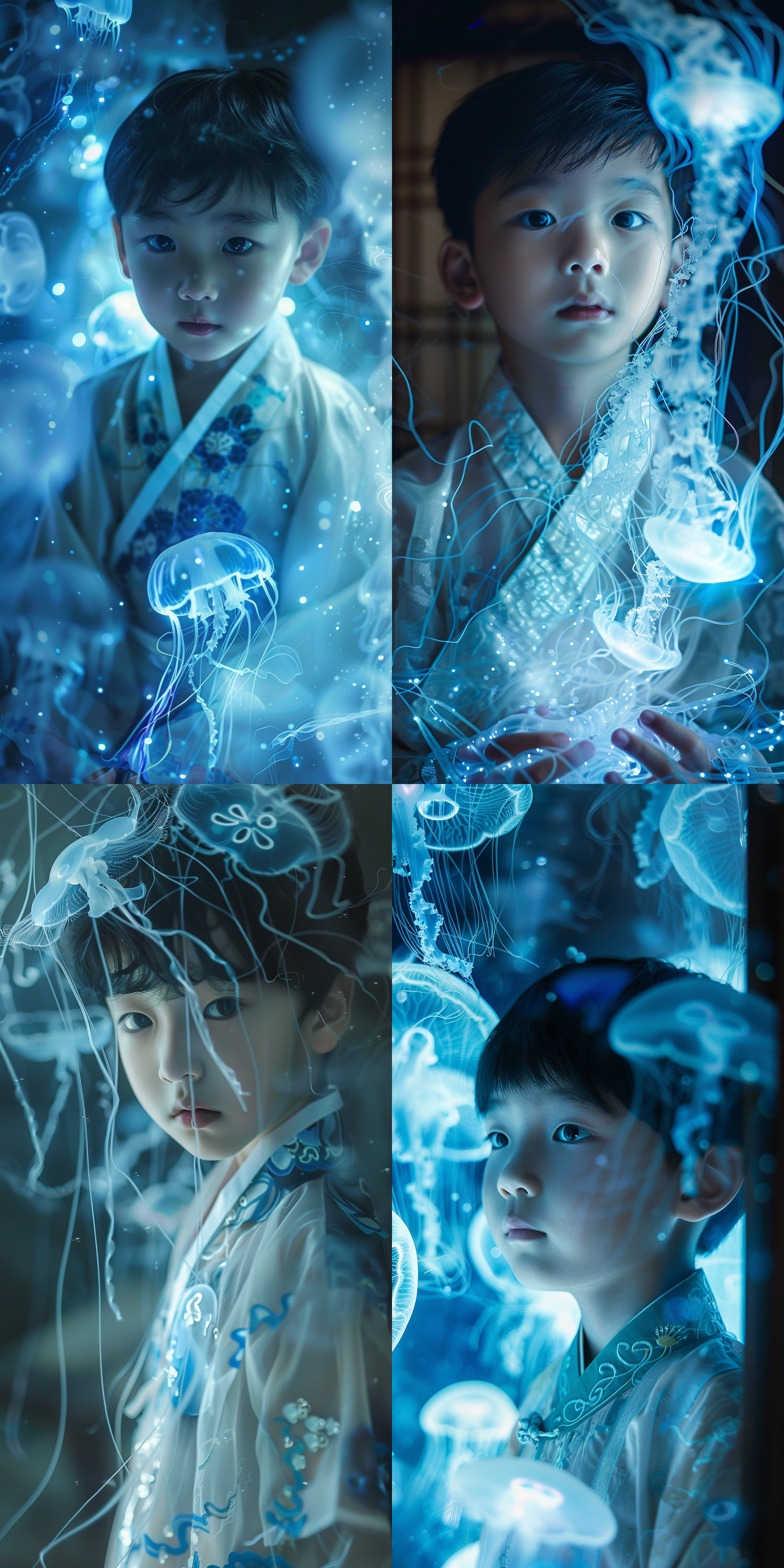 translucent glowing jellyfish, boy staring at the window, chinese costume, marine animal, young adorable korean face, looking directly at the viewer, high quality fantasy stock photo, the coming ai singularity, unborn soul, like in museum, pale bluish skin, for kids, photo of, lightbox