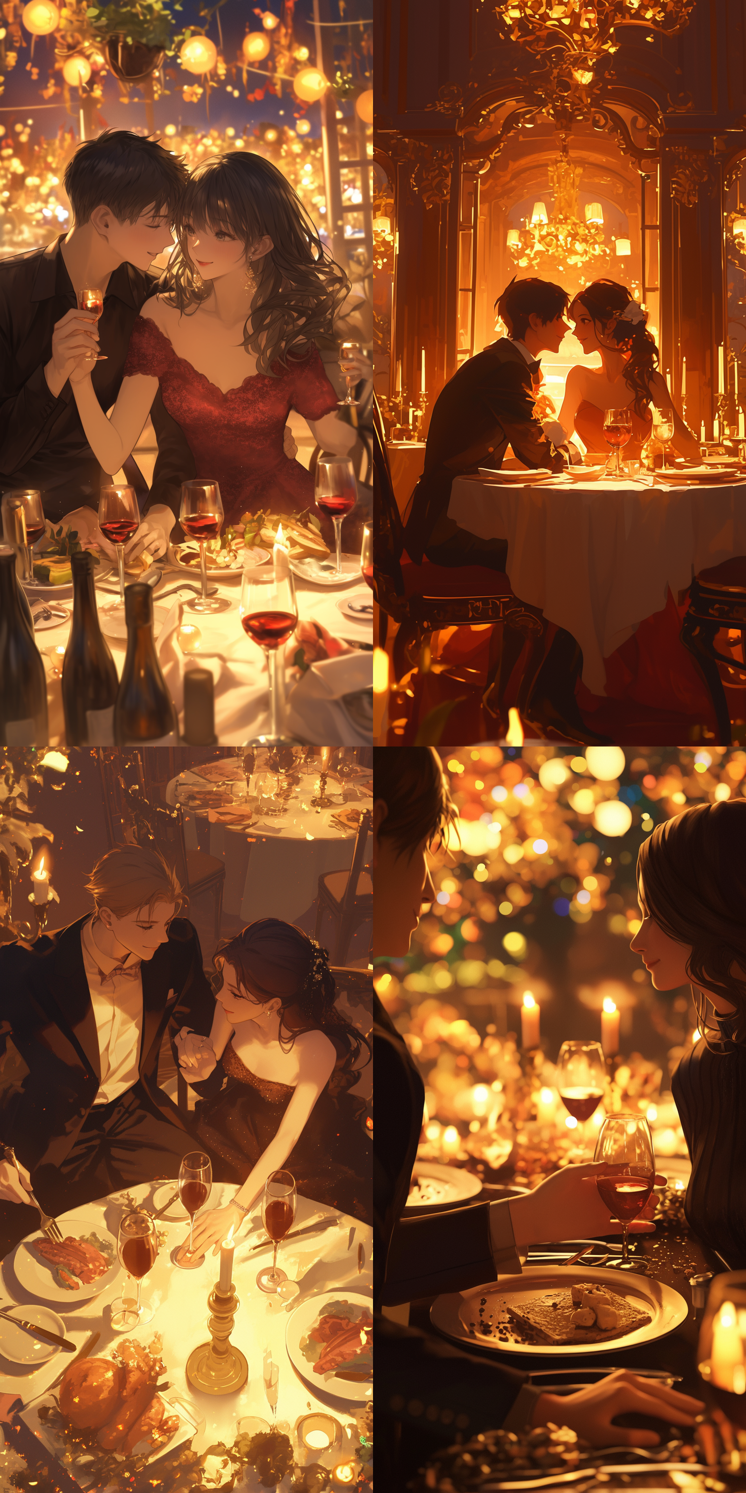 结婚纪念日，浪漫晚餐，餐厅内景，柔和灯光，长桌布置，红酒，蜡烛，深情对视，微笑，优雅礼服，细腻纹理，暖色调，低光摄影，浅景深，温馨氛围。
