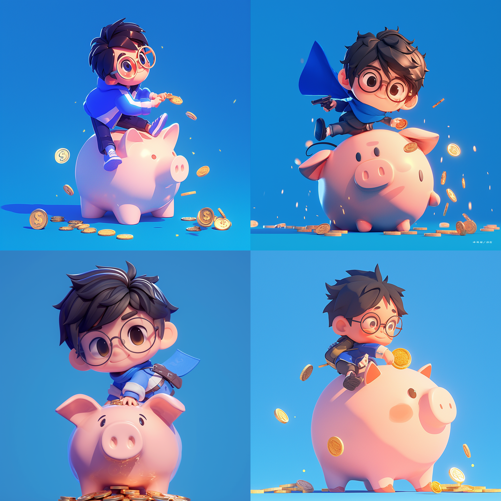 黑色头发，蓝色衣服的可爱男孩，手持金币站在巨大存钱罐上，动感姿势，戴眼镜，深蓝色背景，全身可见，卡通ip风格，动感十足，柔和配色，3d建模软件c4d制作，超高品质ultra hd 8k分辨率，水果元素，科技感，水果蔬菜装饰，水果武器。
