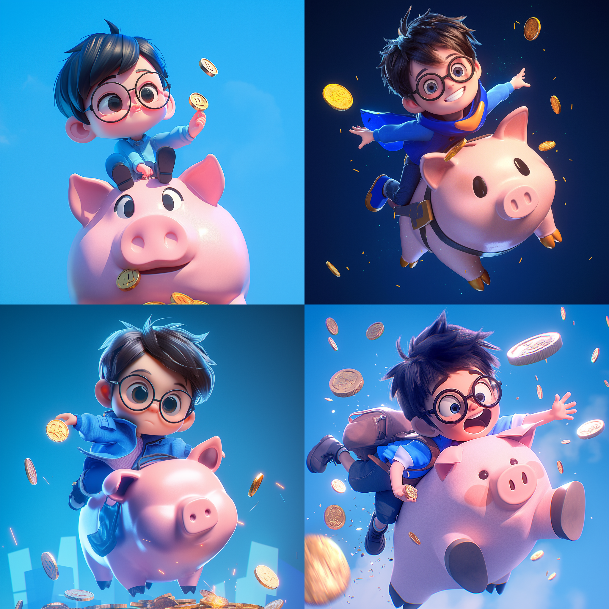 黑色头发，蓝色衣服，可爱男孩，手拿金币，巨型存钱罐上，动感姿势，戴眼镜，蓝黑背景，细节丰富，全身展示，卡通ip风格，动感十足，柔和配色，3d建模c4d，超高清8k，水果元素，科技感，水果蔬菜装饰，水果武器，3d视图，皮克斯动画。