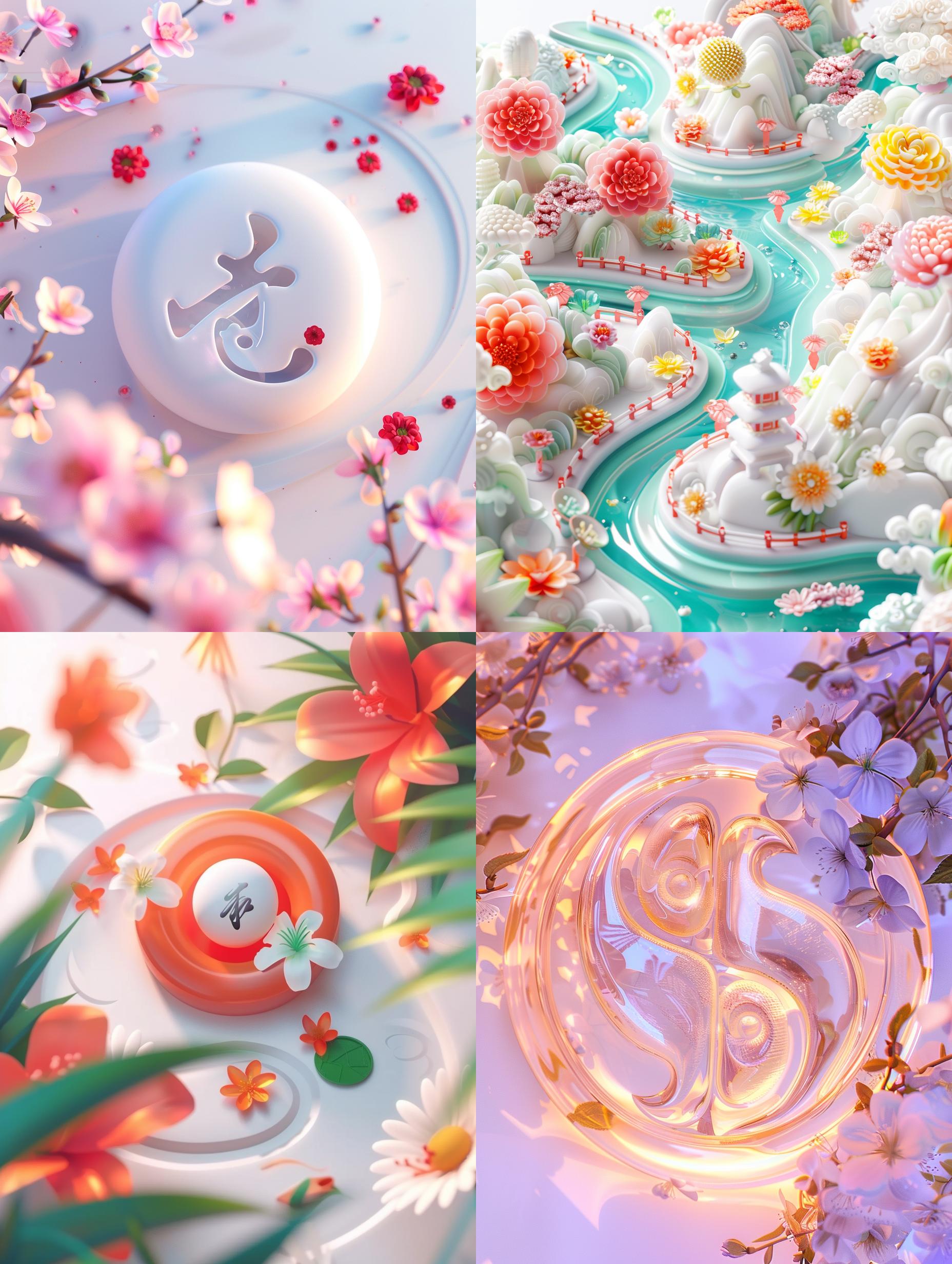 三维太极图案，白背景，中药材环绕，河流蜿蜒，花朵盛开，卡通风格，色彩鲜艳，可爱造型，柔光照明，欢乐氛围，玻璃质感，近摄镜头，8k分辨率。
