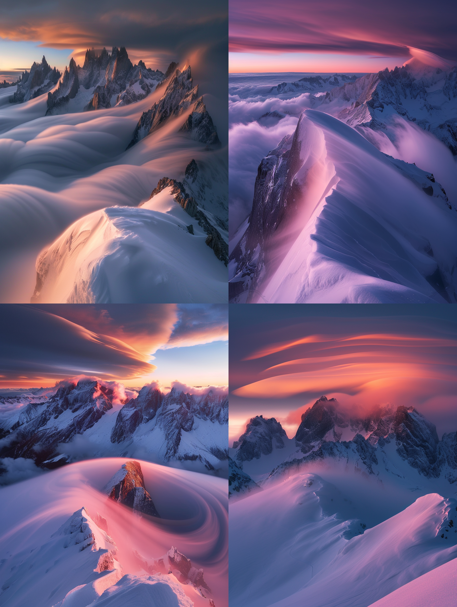long exposure cloud inversion, sharp jagged snowy peaks illuminated by alpen glow from the sun , wide angle waiting for colourful breathtaking sunrise dramatic long exposure lenticular cloud inversion, in the style of beautiful light ,in the style of marc adamus, in the style of max rive,foggy,mountains with snow ,lenticular clouds ,long exposure ,photographically detailed portraitures, maori art, romantic landscapes, photography installations, whistlerian, zeiss batis 18mm f/2.8