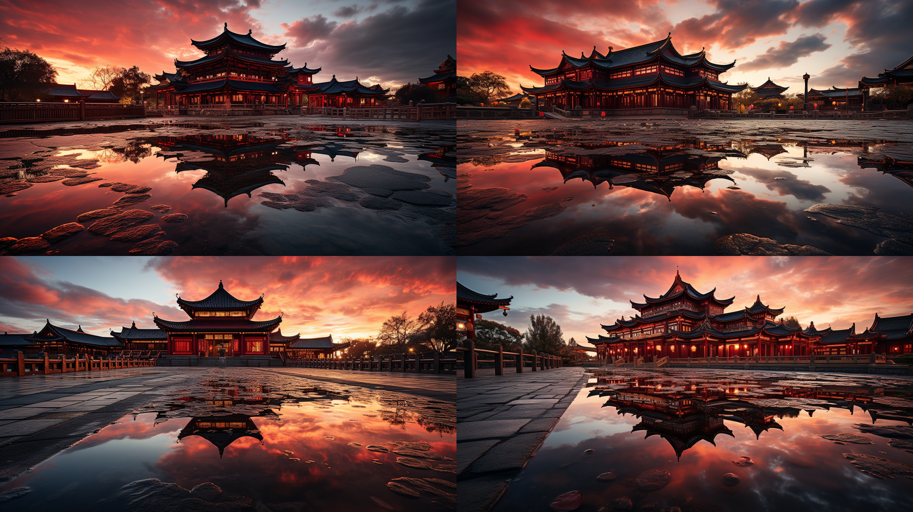 中国宫殿群建筑，日出云彩，气势宏伟磅礴，对称构图，广角镜头，低角度拍摄，暖色，低长调，层次丰富，自然环境，宁静氛围，高光细节，广角畸变，云雾缭绕，金碧辉煌。