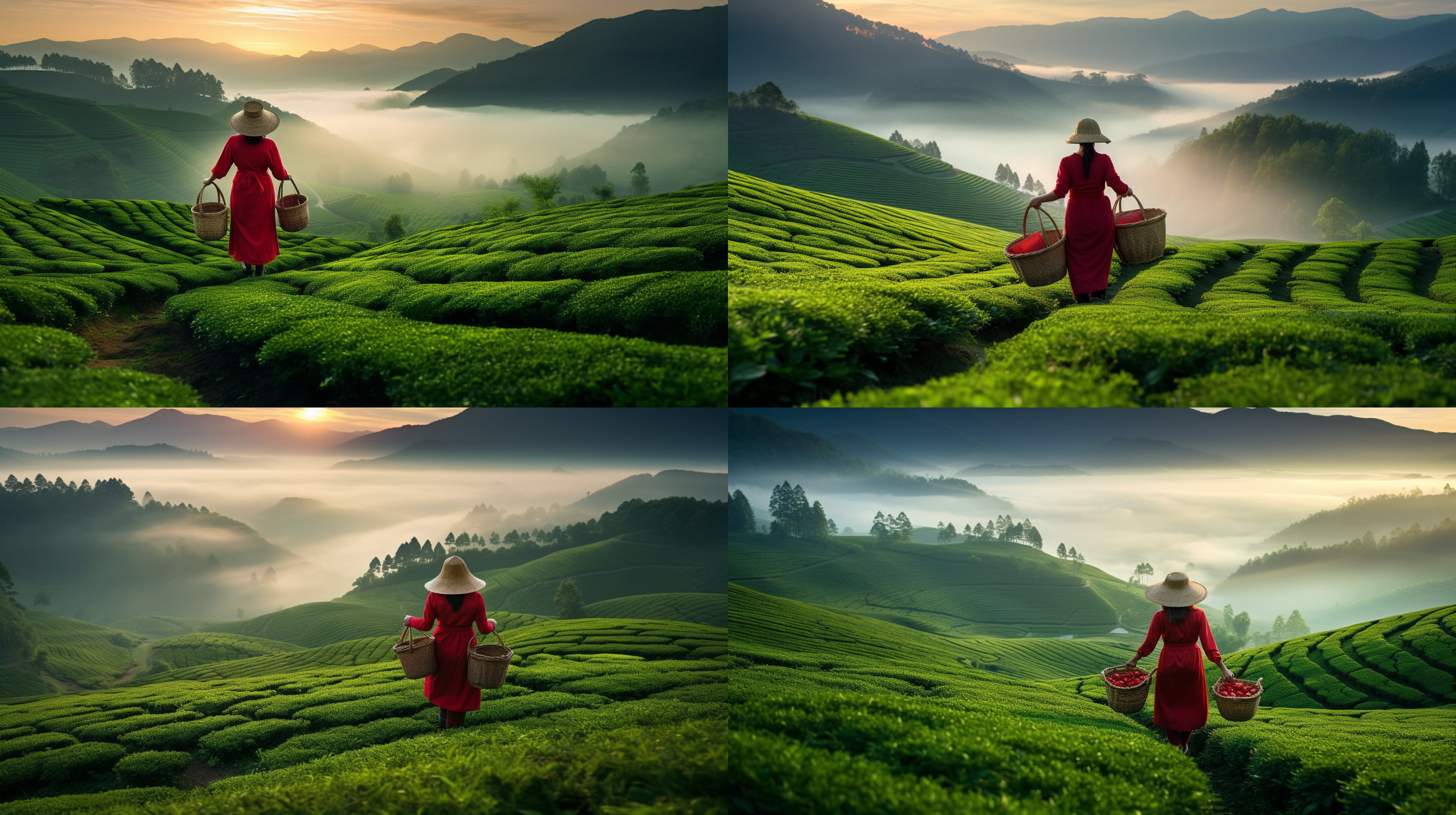 梯田多层起伏，清晨雾气缭绕，红衣女孩背篓，多人采茶，绿色为主，逆光低调，广角镜头，颜色通透，4k高清画质，柔和光线，层次感强，动态捕捉，自然环境，宁静氛围。