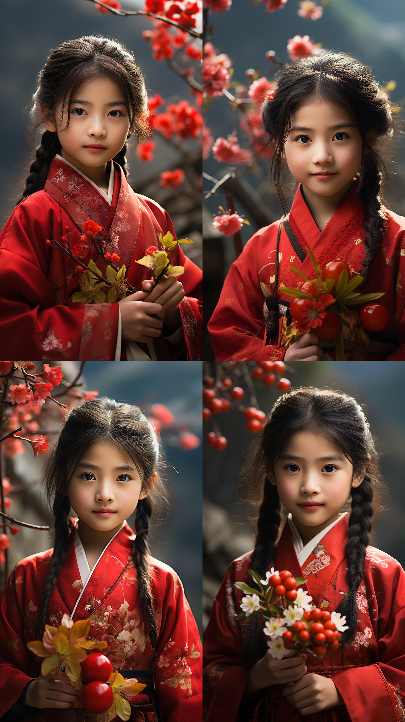 梨花漫山遍野，红色裙可爱小女孩特写，正面明朗，中式风，花朵前后虚实，亮丽，逆光，大场景，颜色透明，高长调，细腻丰富，高画质，长焦镜头，柔和光线，自然表情，清新色调，背景虚化。