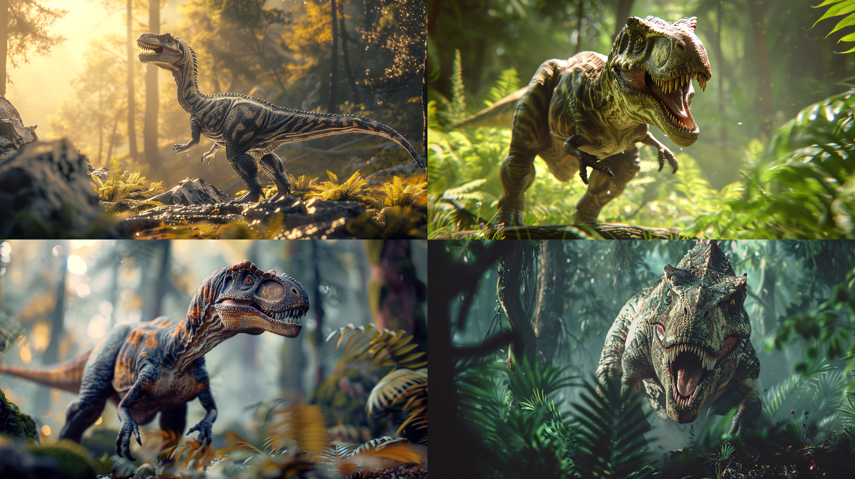 恐龙在野外，霸气姿态，c4d风格，oc渲染器，电影级照明，高质量细节，高清画质，广角镜头，自然环境，动态捕捉，逼真色彩，震撼情感。