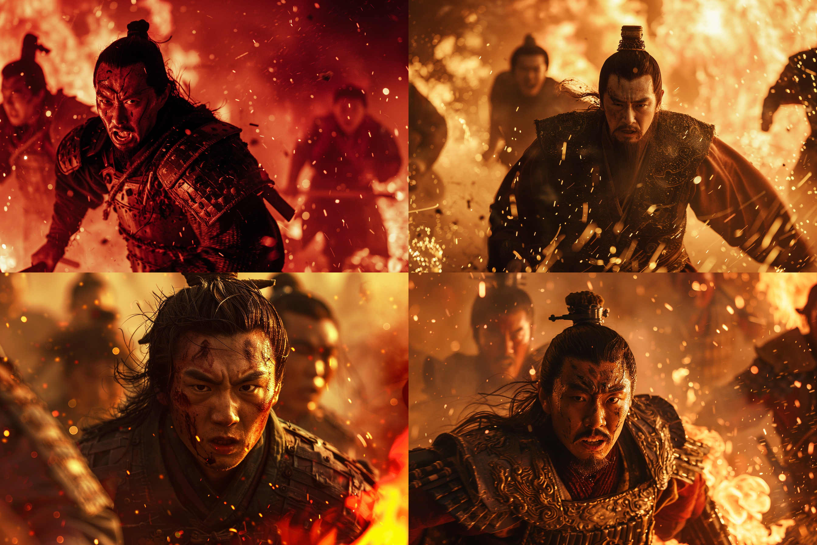 杨家将将军特写，正面拍摄，奔跑中，表情痛苦愤怒，炮火连天，火烧现场，高动态范围，长焦镜头，逆光，低角度，快速快门，红色调，紧张氛围。