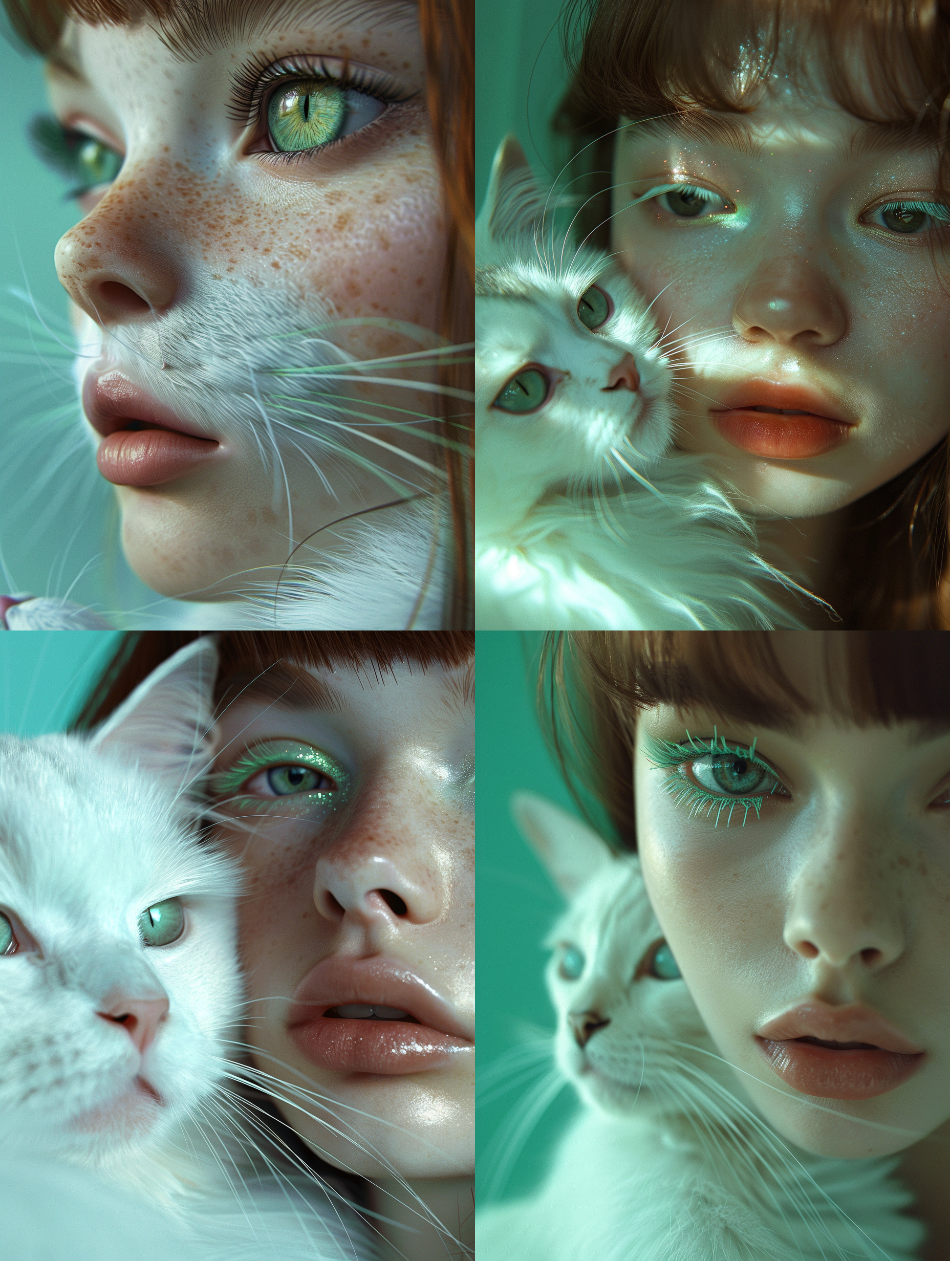 动漫风格女性太空公主肖像，特写，清晰睫毛，梦幻淡蓝色调，神秘迷人氛围。女孩与白色波斯猫，绿色长睫毛，棕色直发无刘海，脸颊凹陷，嘴唇紧抿。梦幻绿色背景，受james jean与tim walker彩虹妆容风格影响，融合david uhl与ray caesar插画元素，新艺术童话美学。特写，梦幻色调，新艺术风格，童话美学，david uhl，james jean，ray caesar，神秘，迷人。
