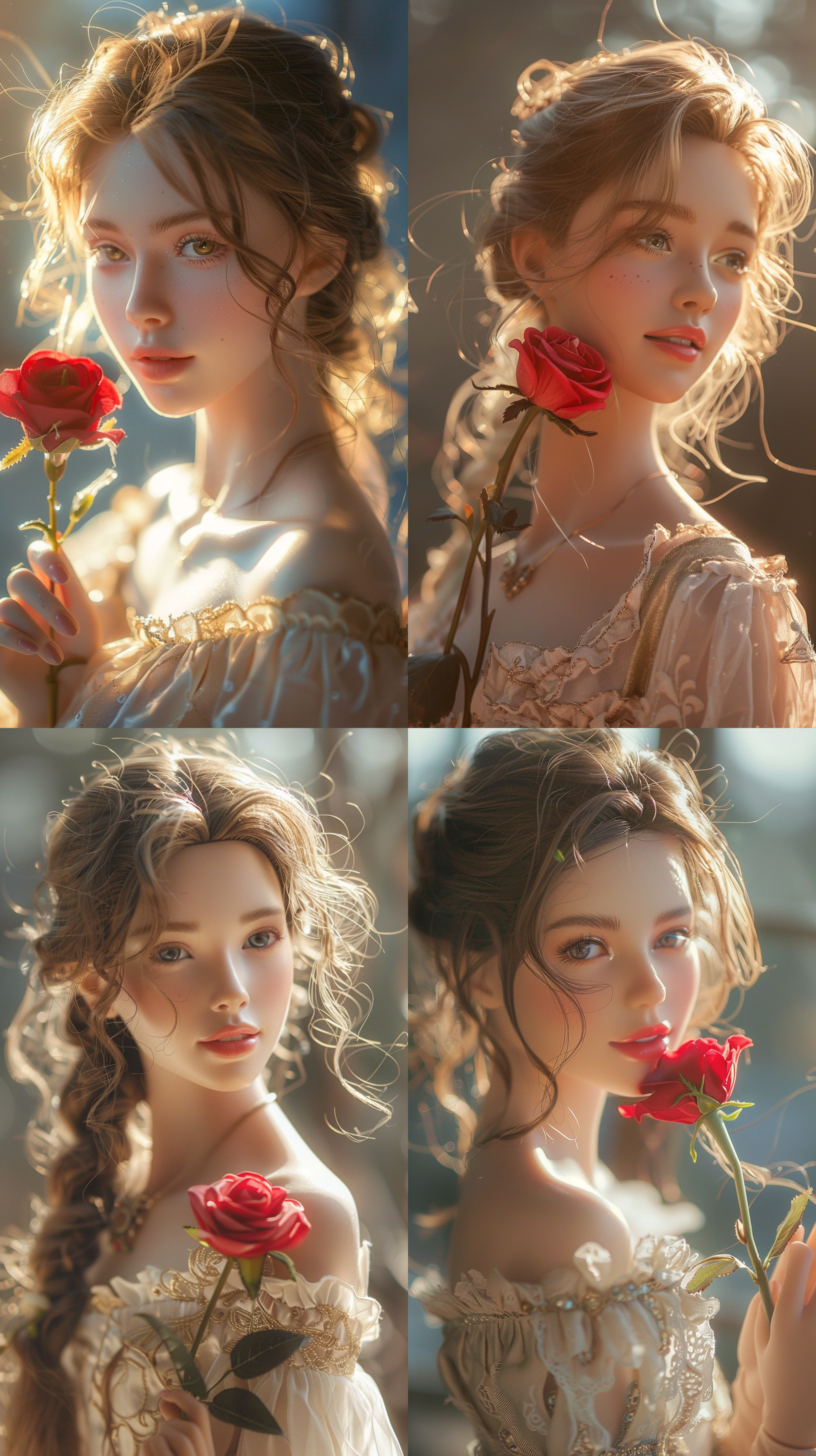 迪士尼公主风格芭比，手持红玫瑰，可爱女孩，明亮光线，正面特写，粉色调，柔焦效果，微笑表情，梦幻氛围，微风轻拂发丝，童话场景。