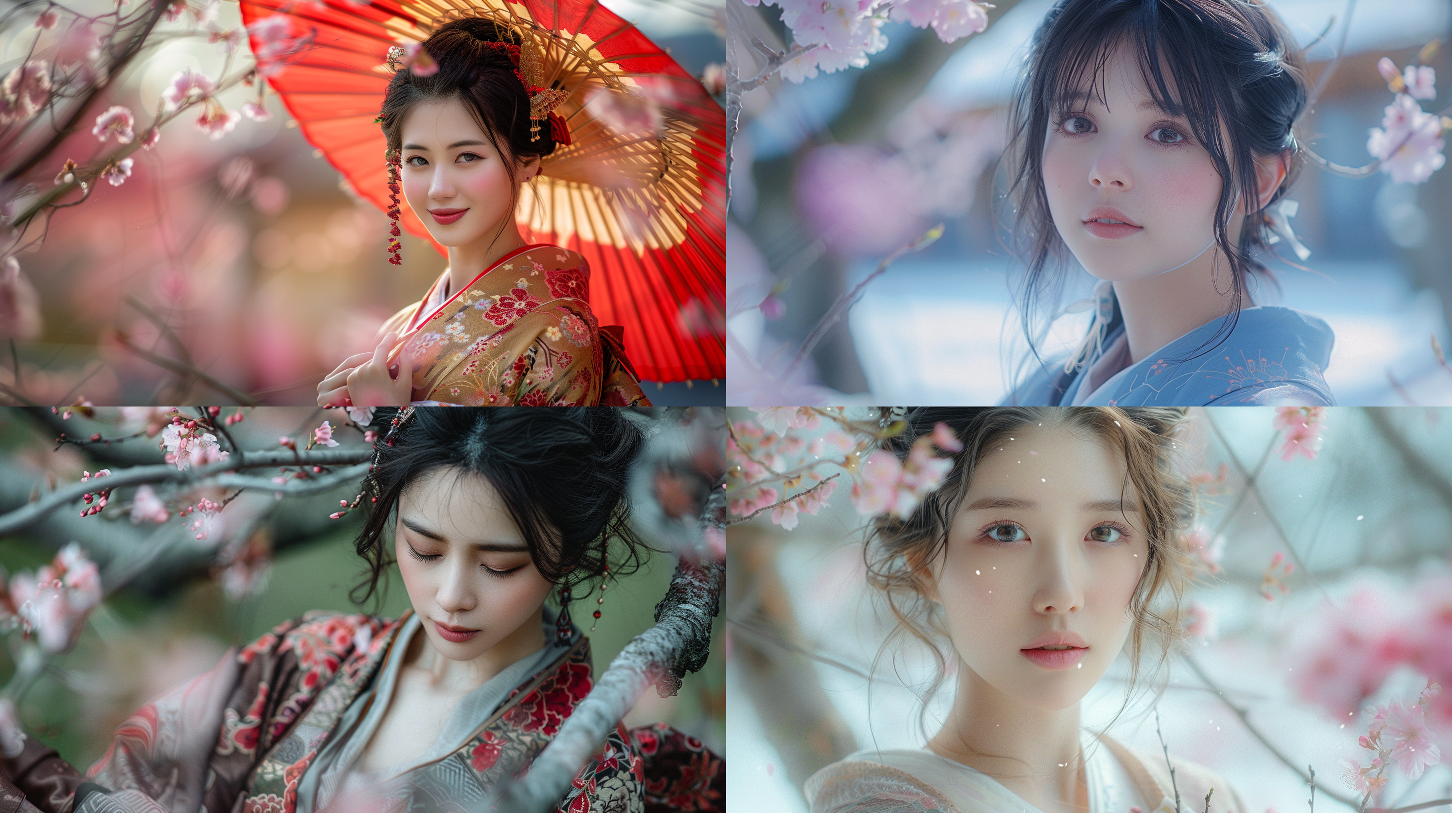 和服少女，cosplay，三无少女，低饱和度，樱花树下，日式庭院，长焦镜头，远景，全身，柔和光线，静态，淡雅色彩，神秘感，忧郁表情。