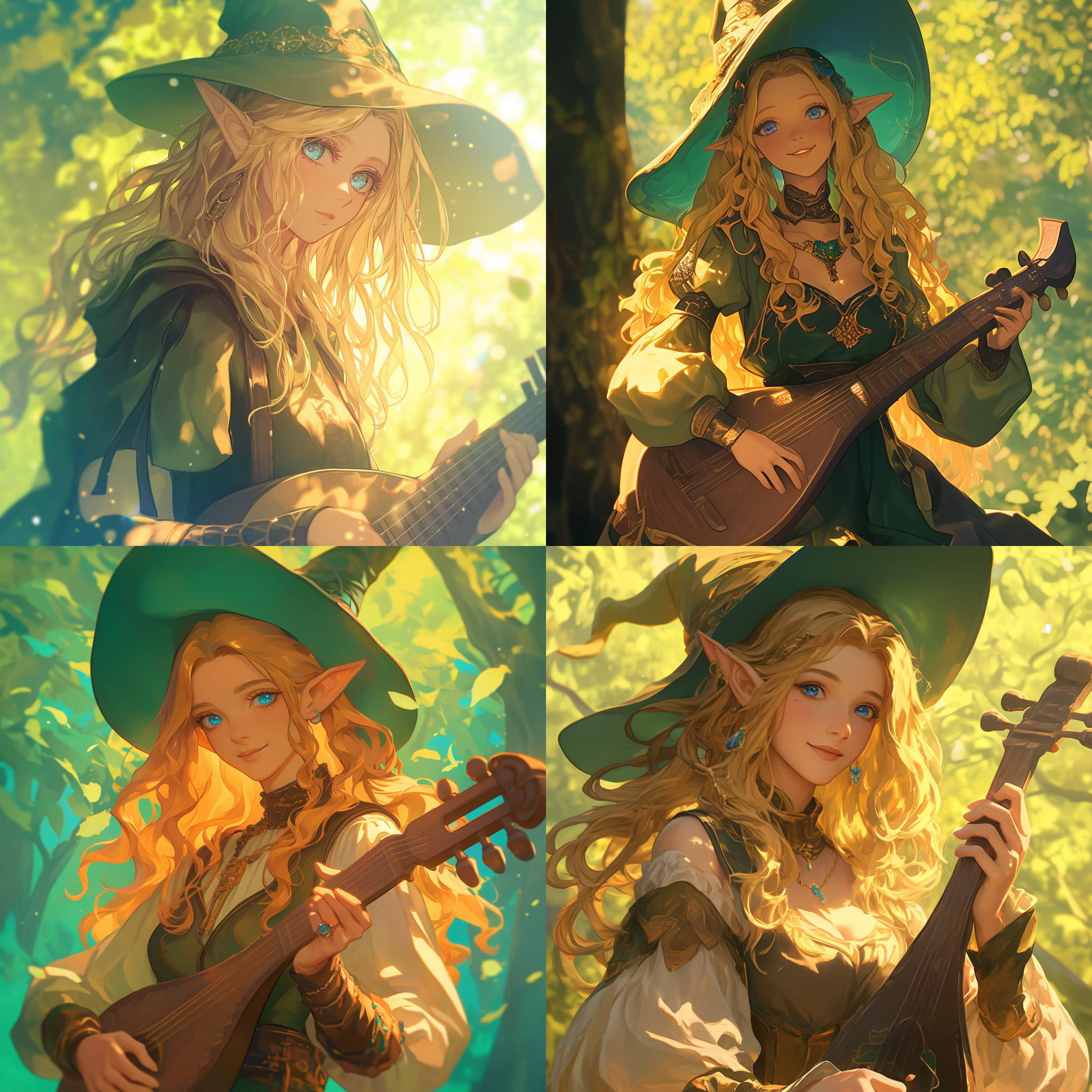 高等精灵女性游吟诗人，金发蓝眼，手持鲁特琴，头戴法师帽，智慧美丽，森林中，光线柔和，自然光，中景，浅景深，细节丰富，绿色为主色调，和谐宁静。