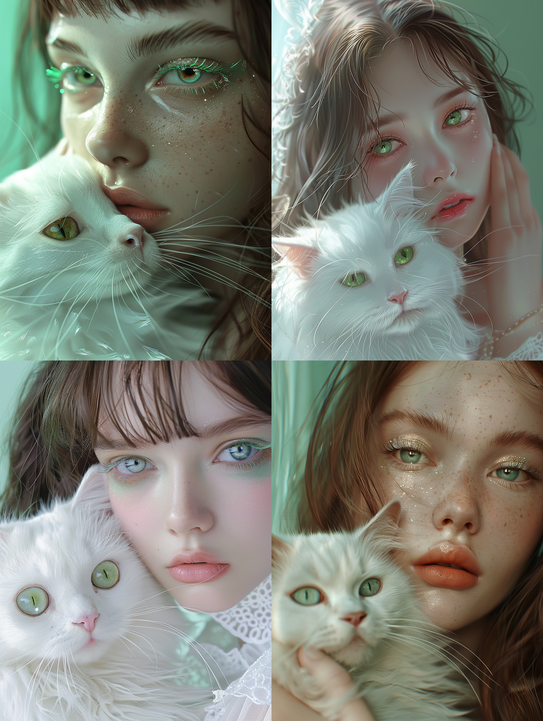 动漫风格女性太空公主肖像，特写，清晰睫毛，梦幻淡蓝色调，神秘迷人氛围。女孩怀抱白色波斯猫，绿色长睫毛，棕色直发无刘海，颧骨凹陷，紧抿嘴唇。梦幻绿色背景，受james jean和tim walker彩虹妆容风格影响，david uhl、ray caesar新艺术童话美学。特写，梦幻色调，新艺术风格，童话美学，david uhl，james jean，ray caesar，神秘，迷人。