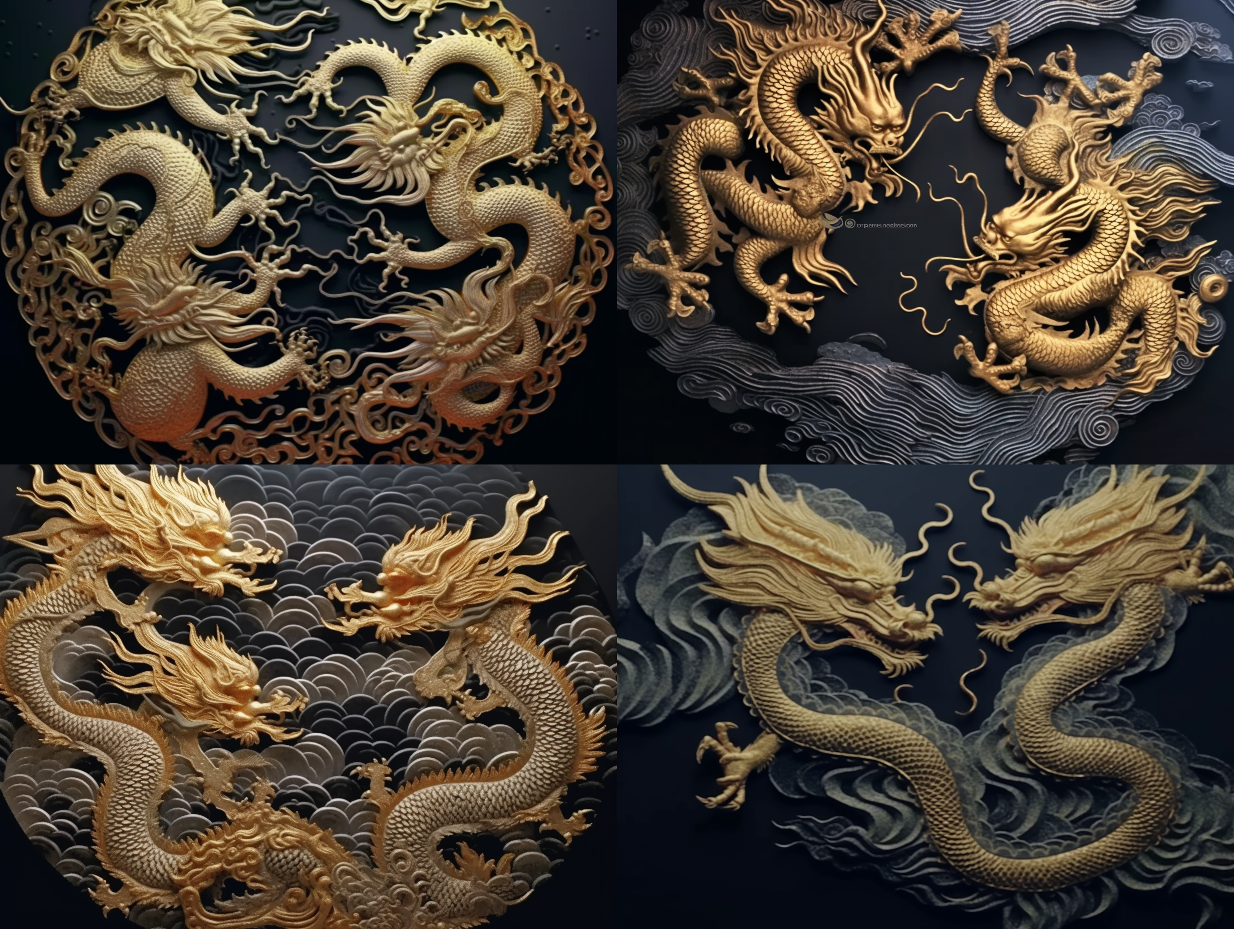 中国美学，金色龙纹，祥云环绕，浅浮雕，中央大面积留白，细节精致，纯黑背景，高光突出，暗调，特写镜头，细腻纹理，神秘氛围。