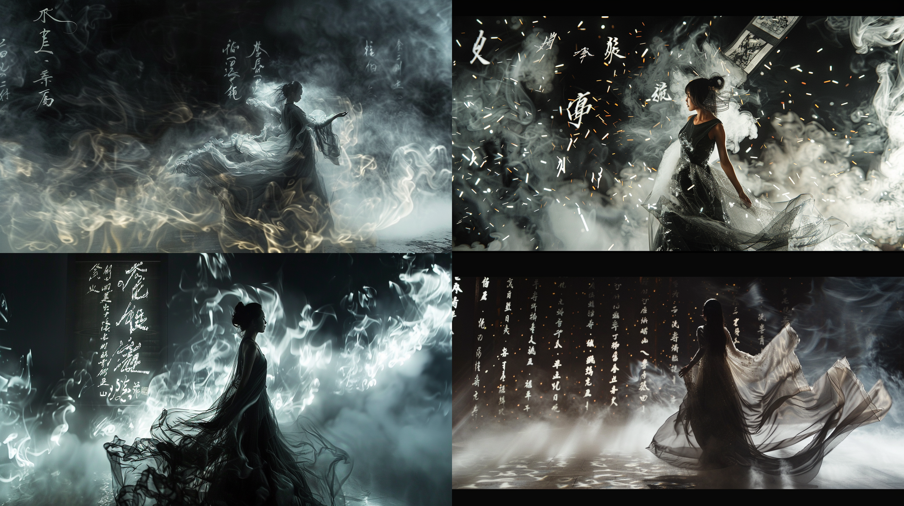 黑色虚幻空间，一幅发光的中国卷轴悬浮在空中，书法字符发着白光。一个国风美女，穿着月光纱裙。整体朦胧烟雾感，光影对比强烈。深银和浅金色调。