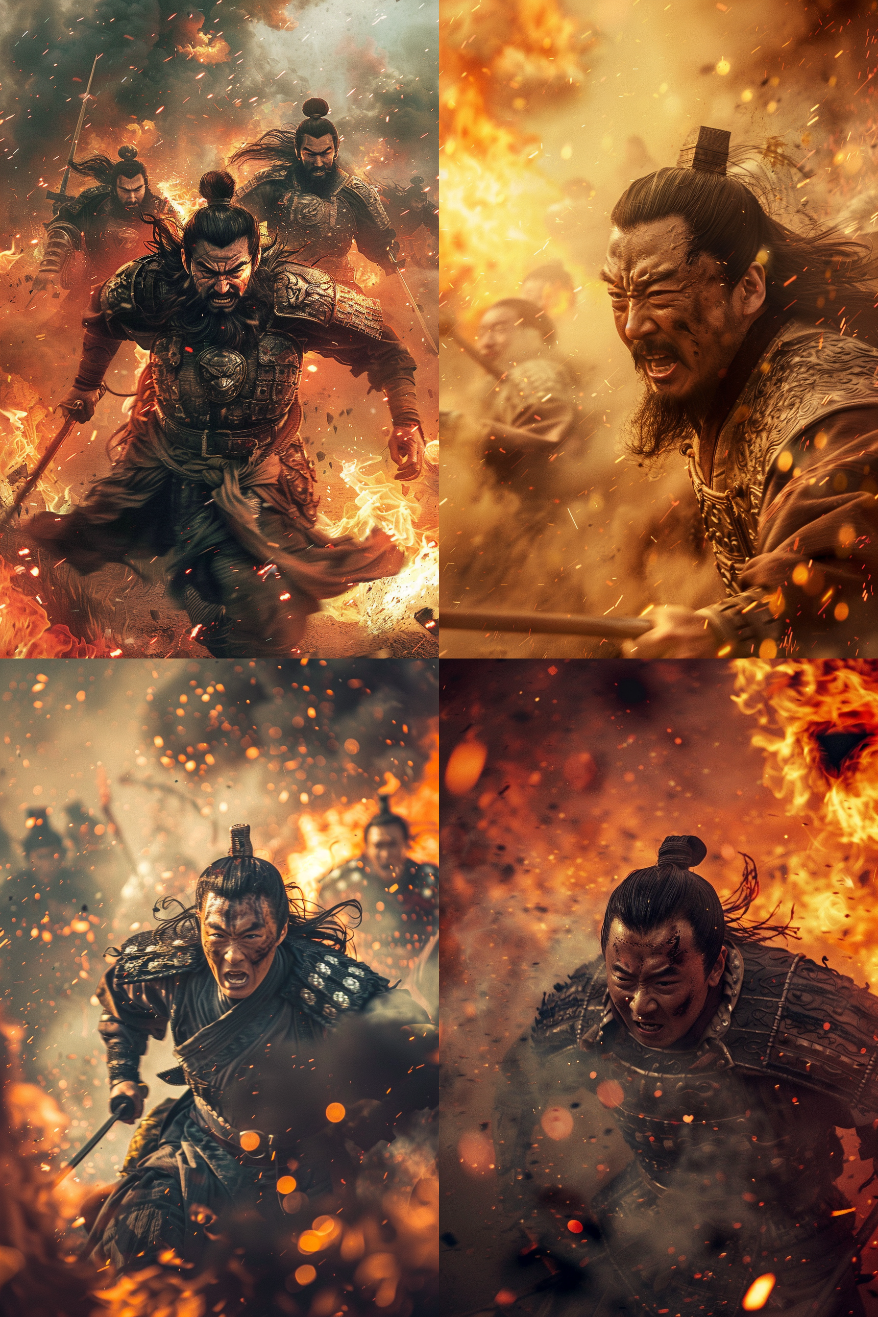 杨家将将军特写，正面拍摄，奔跑中表情痛苦愤怒，炮火连天，火烧现场，高动态范围，低角度，广角镜头，逆光，快速快门，烟雾效果，红色调，紧张感。