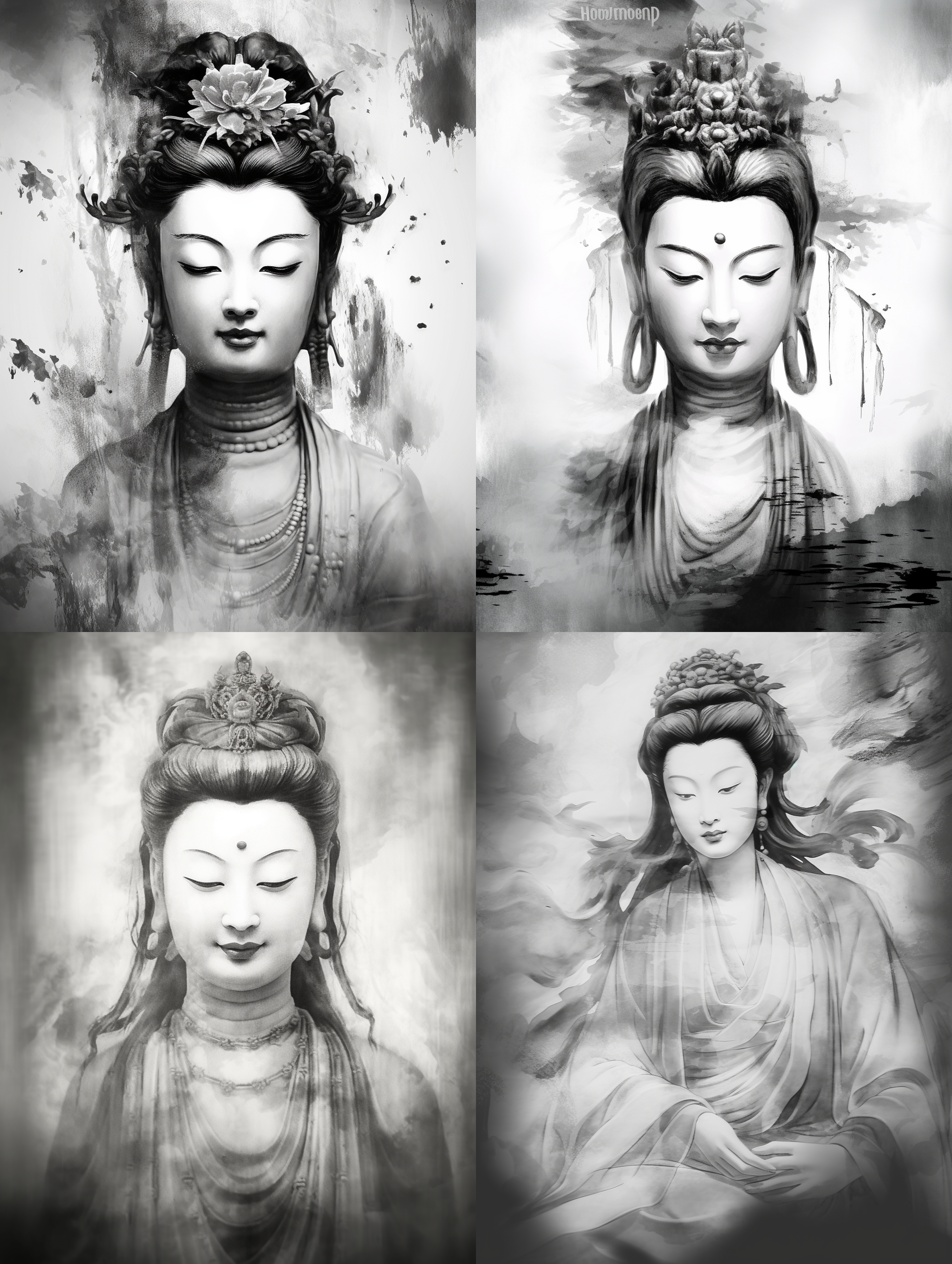 观音菩萨正面像，中国画风格，绢本材质，古风写意，黑白色彩，端庄静谧，正面光，中景构图，细腻笔触，柔和线条，平静表情，传统服饰，室内环境，自然光，静态，庄重。